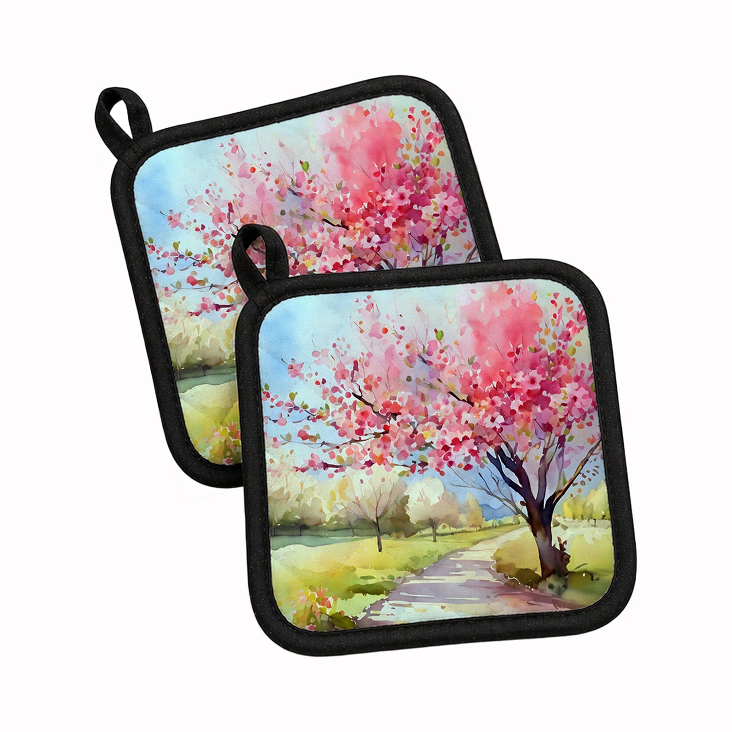 Michigan Apple Blossoms in Watercolor Pot Holder Set of 2 Heat Resistant Quilted Hot Pads 7.5 x 7.5 Inch, Insulated Kitchen Trivets for Cooking & Baking