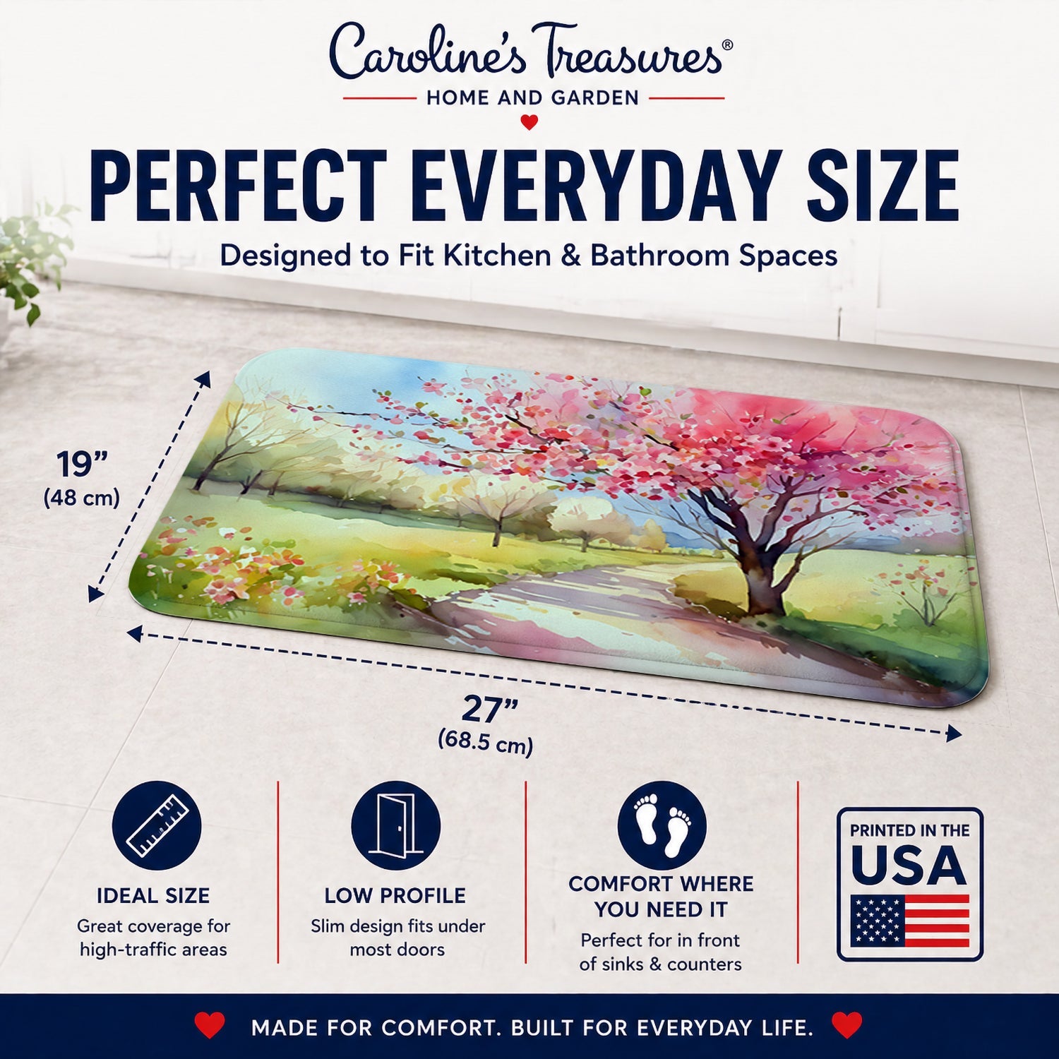 Michigan Apple Blossoms in Watercolor Memory Foam Kitchen Mat Machine Washable Anti-Fatigue Cushion Comfort Bath or Kitchen Rug