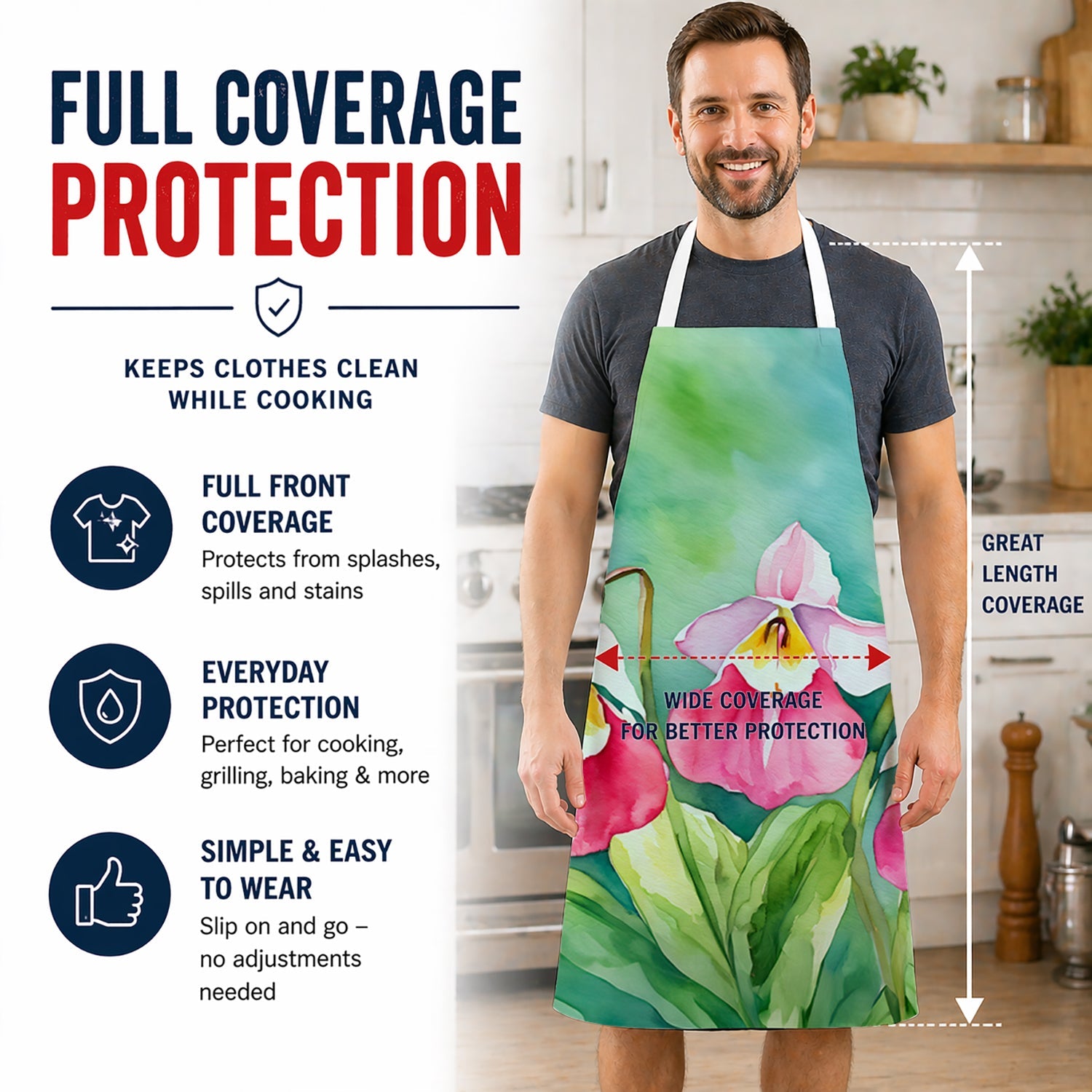 Minnesota Pink and White Lady’s Slippers in Watercolor Apron Cooking Kitchen Server Baking Crafts Gardening for Adult Women Men, Unisex, Large, Multicolor