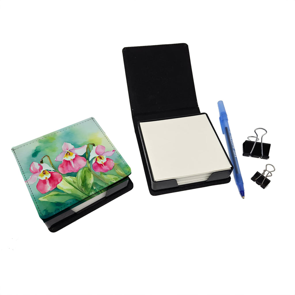 Minnesota Pink and White Lady’s Slippers in Watercolor PU Leather Note Paper Holder with Artist-Designed Cover, Desk Accessory, Office Gift