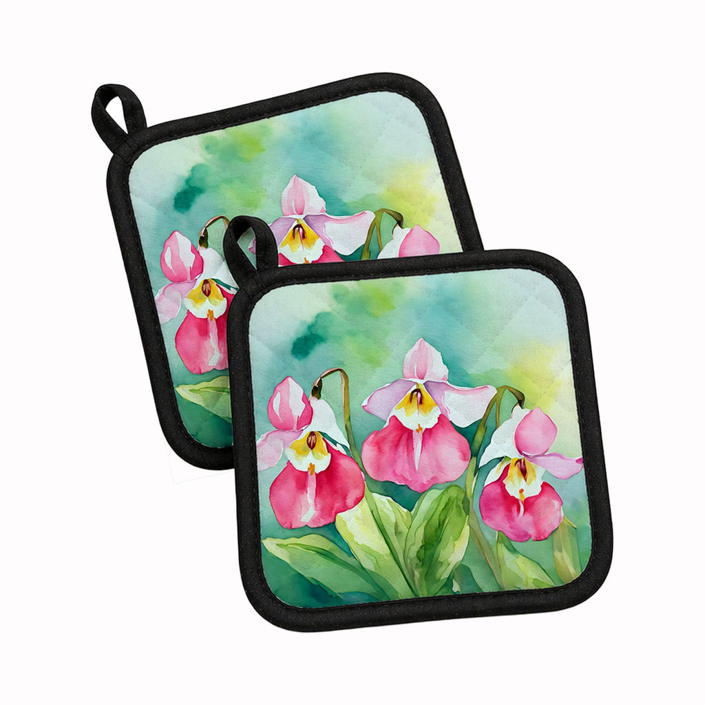 Minnesota Pink and White Lady’s Slippers in Watercolor Pot Holder Set of 2 Heat Resistant Quilted Hot Pads 7.5 x 7.5 Inch, Insulated Kitchen Trivets for Cooking & Baking