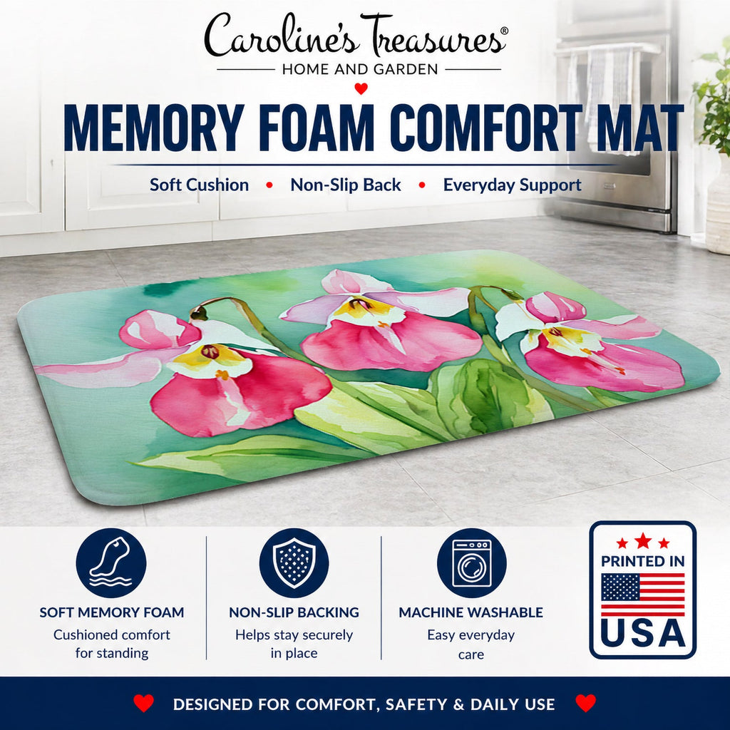 Minnesota Pink and White Lady’s Slippers in Watercolor Memory Foam Kitchen Mat Machine Washable Anti-Fatigue Cushion Comfort Bath or Kitchen Rug