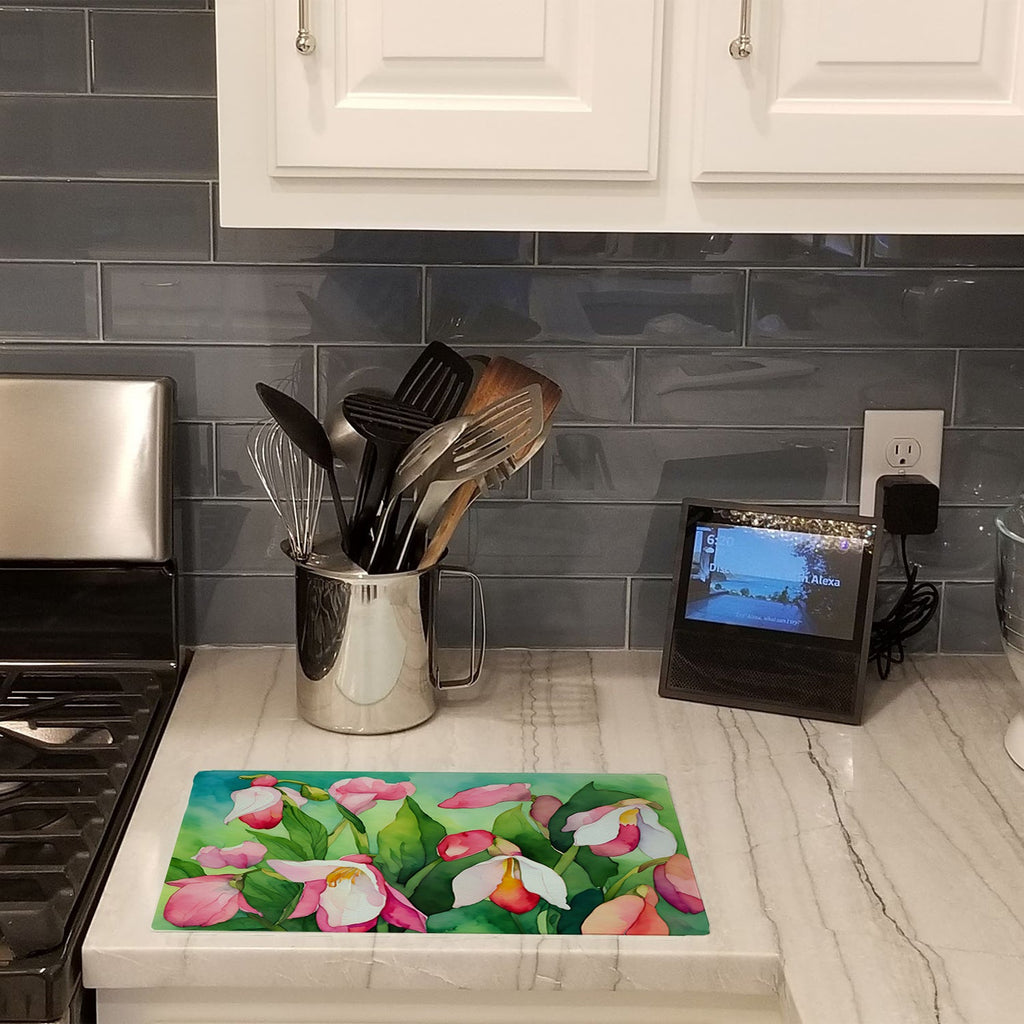 Minnesota Pink and White Lady’s Slippers in Watercolor Cutting Board Tempered Glass Kitchen Cutting Surface, Heat Resistant Chopping, Non-Slip Feet, Food Prep & Serving