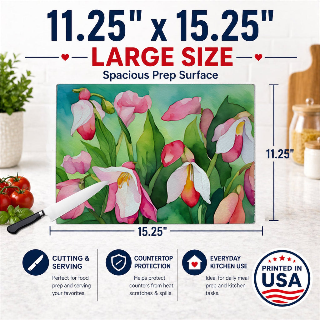Minnesota Pink and White Lady’s Slippers in Watercolor Cutting Board Tempered Glass Kitchen Cutting Surface, Heat Resistant Chopping, Non-Slip Feet, Food Prep & Serving
