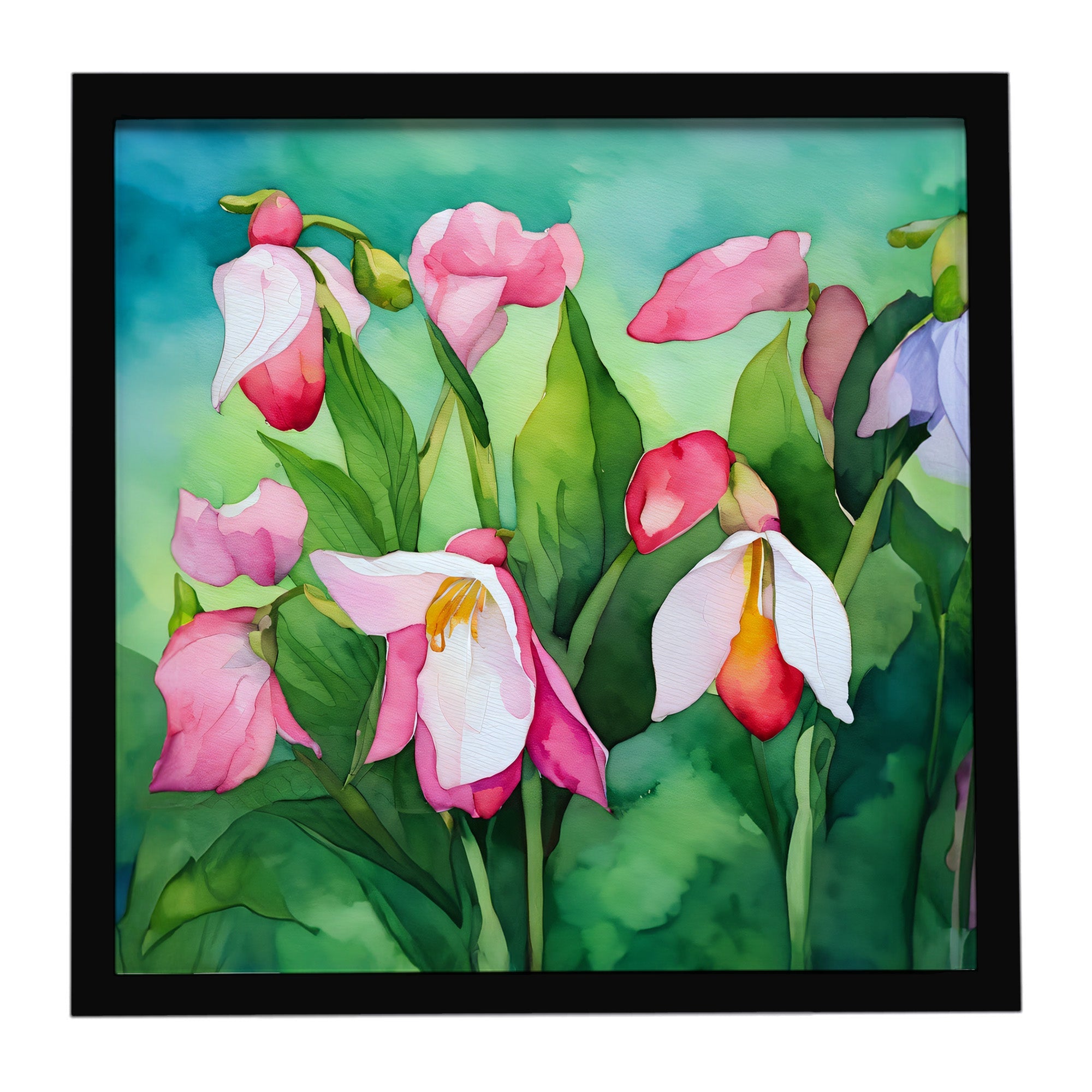 Minnesota Pink and White Lady’s Slippers in Watercolor Framed Metal Print Bathroom, Kitchen, Office, Home Decor Wall Art Ready to Hang, Square, 8X8