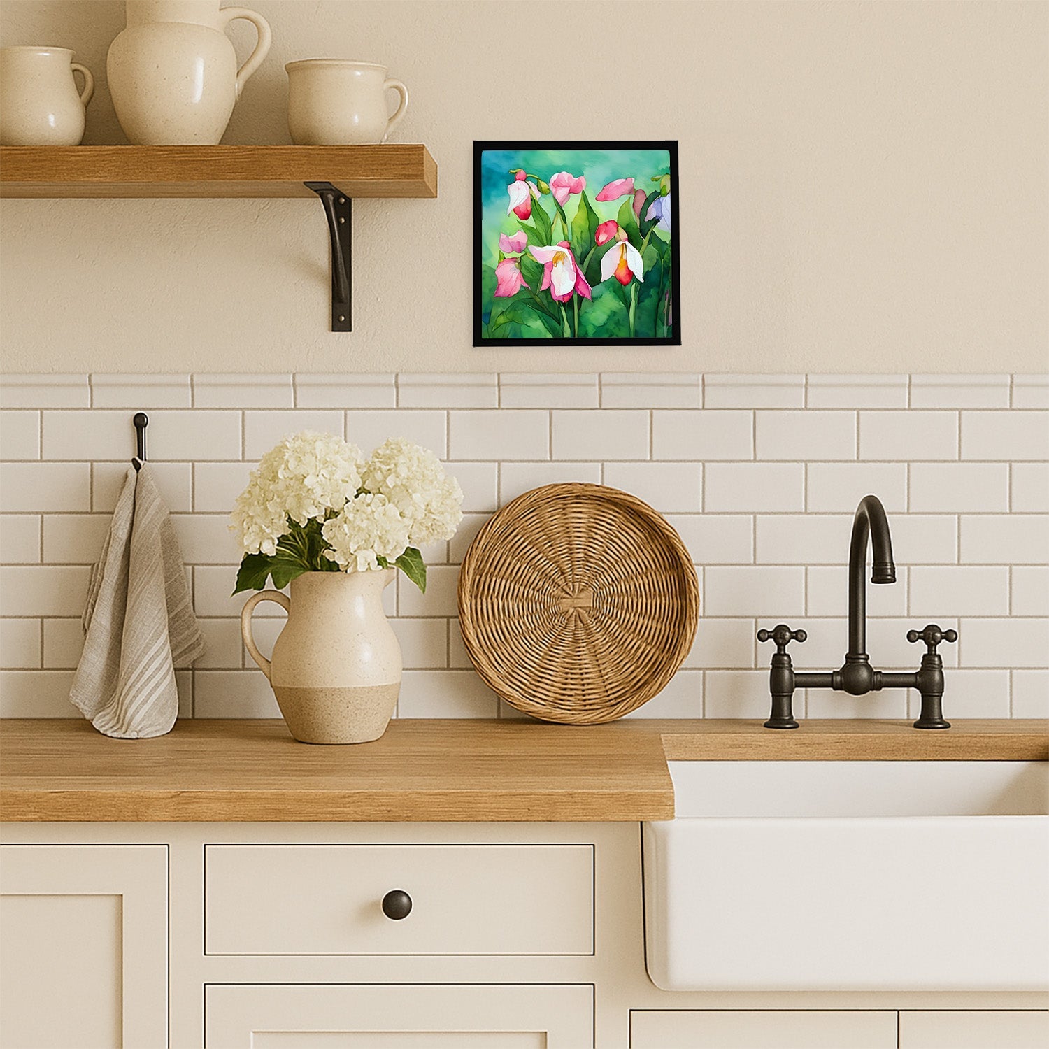 Minnesota Pink and White Lady’s Slippers in Watercolor Framed Metal Print Bathroom, Kitchen, Office, Home Decor Wall Art Ready to Hang, Square, 8X8