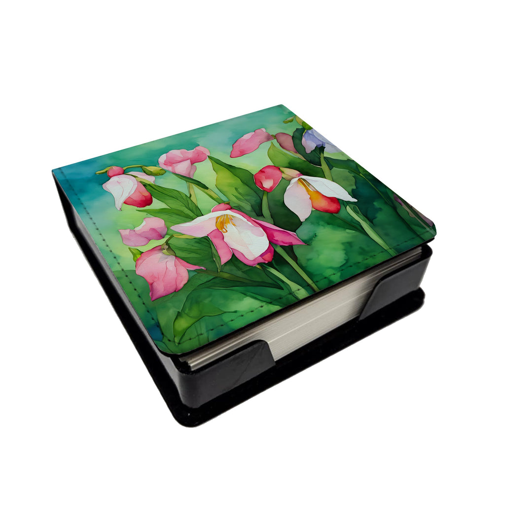 Minnesota Pink and White Lady’s Slippers in Watercolor PU Leather Note Paper Holder with Artist-Designed Cover, Desk Accessory, Office Gift