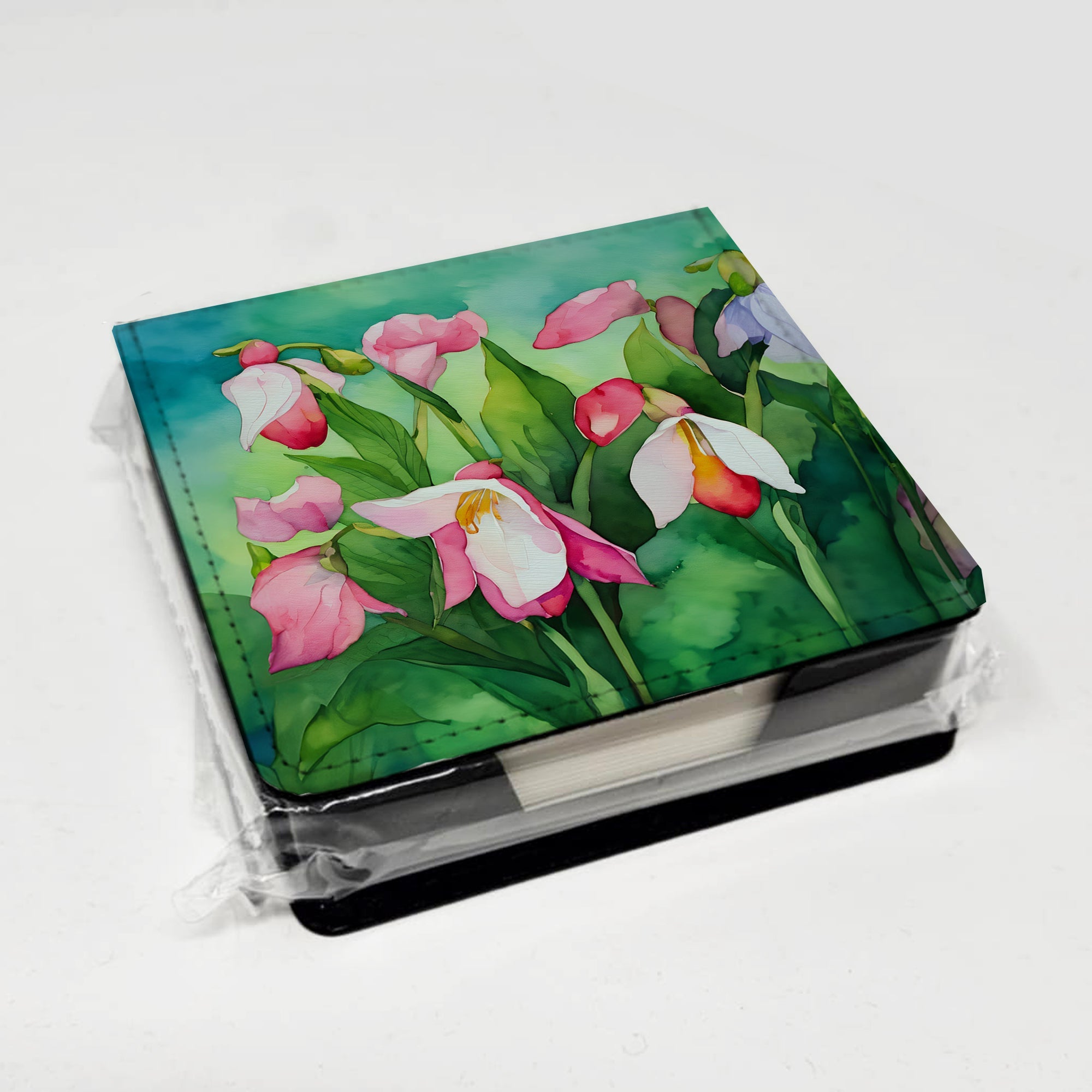 Minnesota Pink and White Lady’s Slippers in Watercolor PU Leather Note Paper Holder with Artist-Designed Cover, Desk Accessory, Office Gift