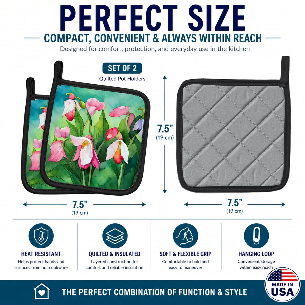 Minnesota Pink and White Lady’s Slippers in Watercolor Pot Holder Set of 2 Heat Resistant Quilted Hot Pads 7.5 x 7.5 Inch, Insulated Kitchen Trivets for Cooking & Baking
