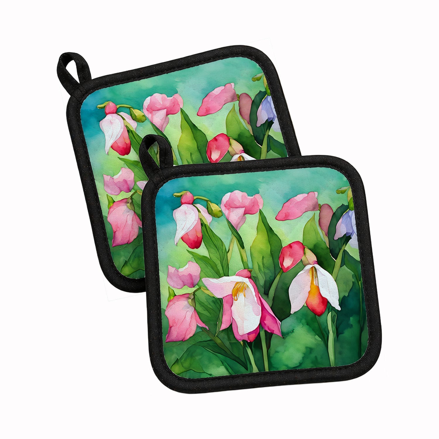 Minnesota Pink and White Lady’s Slippers in Watercolor Pot Holder Set of 2 Heat Resistant Quilted Hot Pads 7.5 x 7.5 Inch, Insulated Kitchen Trivets for Cooking & Baking