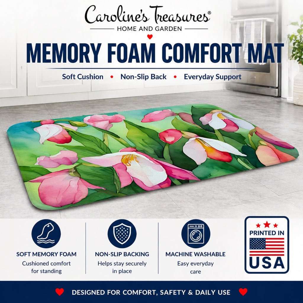 Minnesota Pink and White Lady’s Slippers in Watercolor Memory Foam Kitchen Mat Machine Washable Anti-Fatigue Cushion Comfort Bath or Kitchen Rug