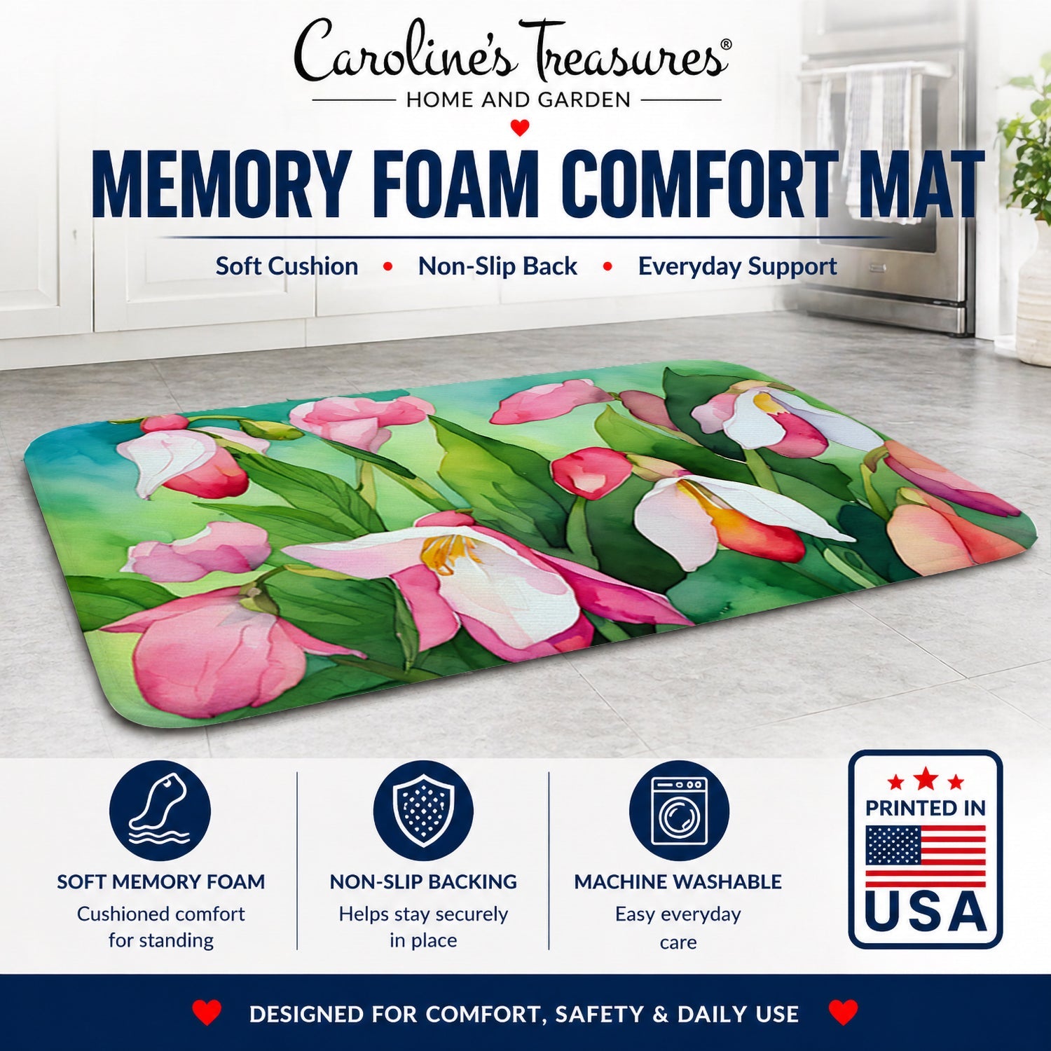 Minnesota Pink and White Lady’s Slippers in Watercolor Memory Foam Kitchen Mat Machine Washable Anti-Fatigue Cushion Comfort Bath or Kitchen Rug