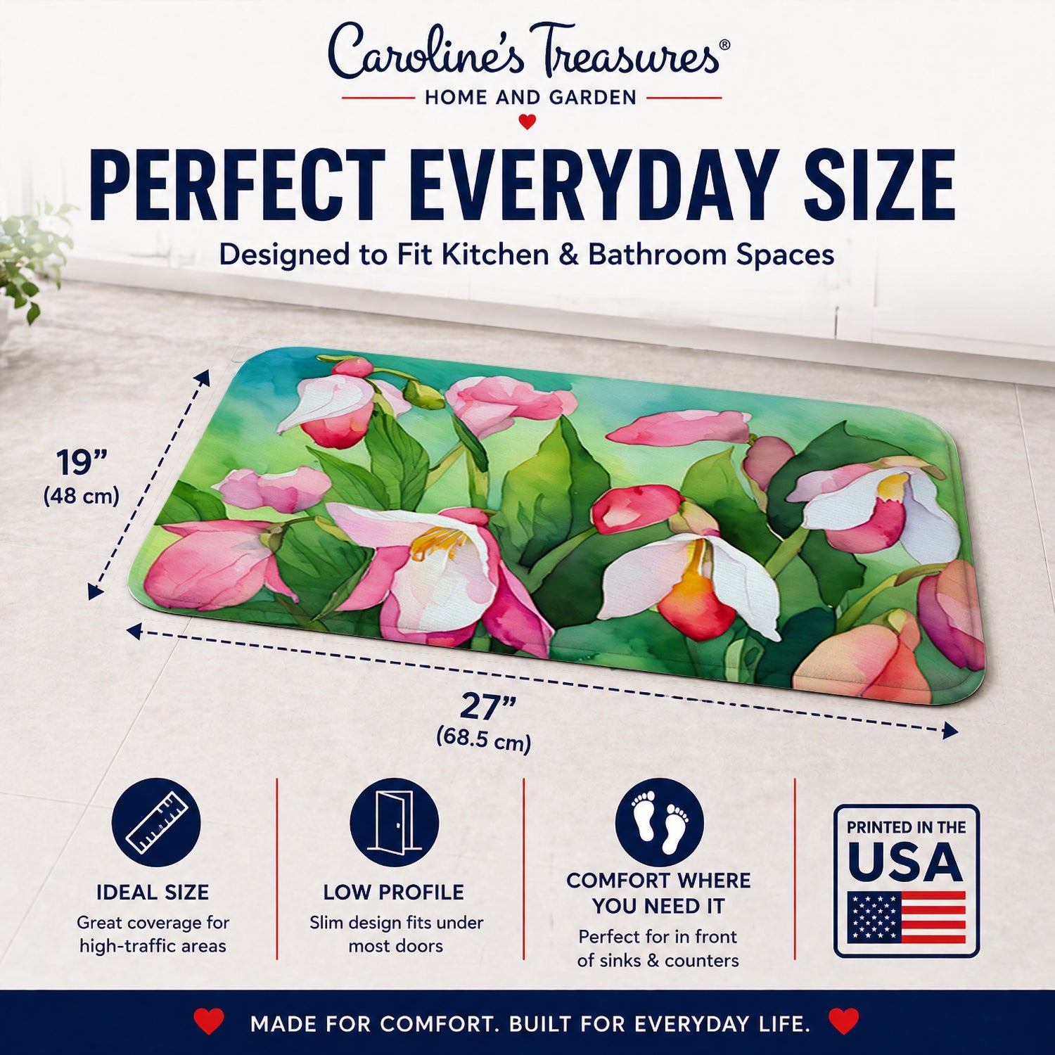 Minnesota Pink and White Lady’s Slippers in Watercolor Memory Foam Kitchen Mat Machine Washable Anti-Fatigue Cushion Comfort Bath or Kitchen Rug