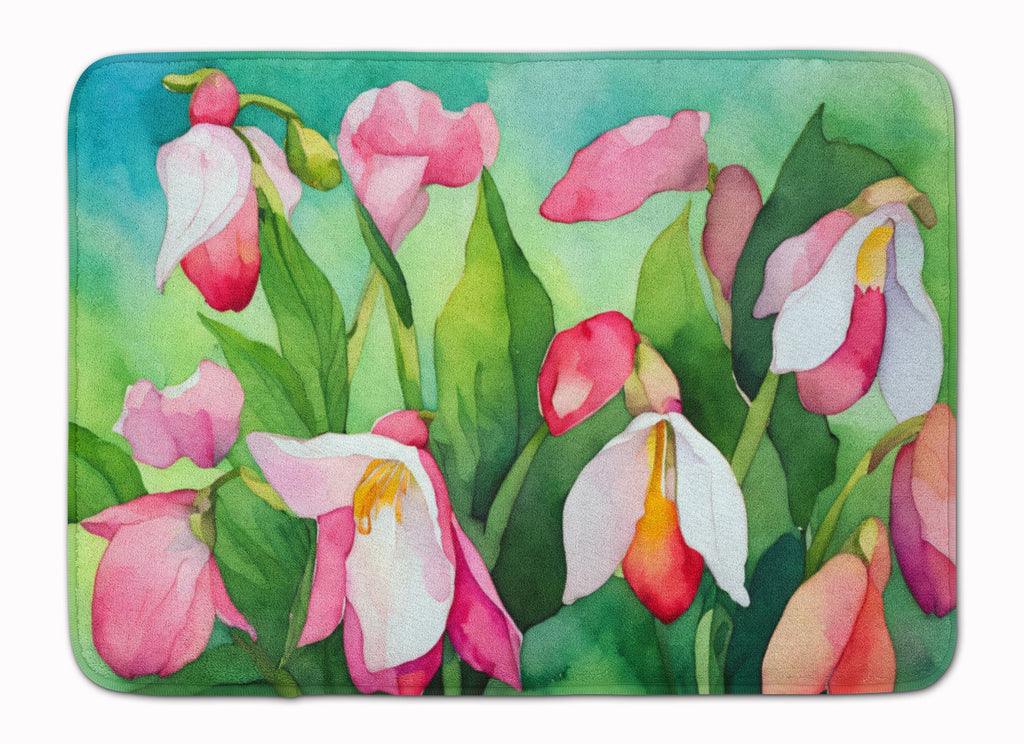 Minnesota Pink and White Lady’s Slippers in Watercolor Memory Foam Kitchen Mat Machine Washable Anti-Fatigue Cushion Comfort Bath or Kitchen Rug