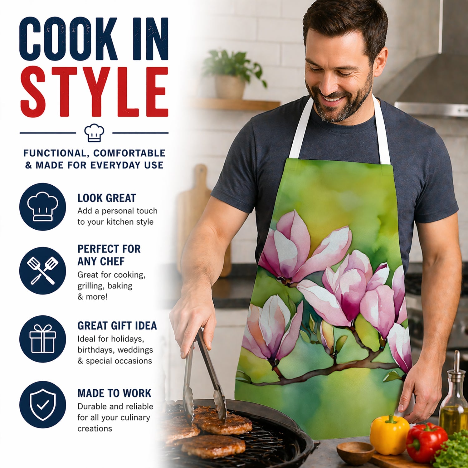 Mississippi Magnolia in Watercolor Apron Cooking Kitchen Server Baking Crafts Gardening for Adult Women Men, Unisex, Large, Multicolor