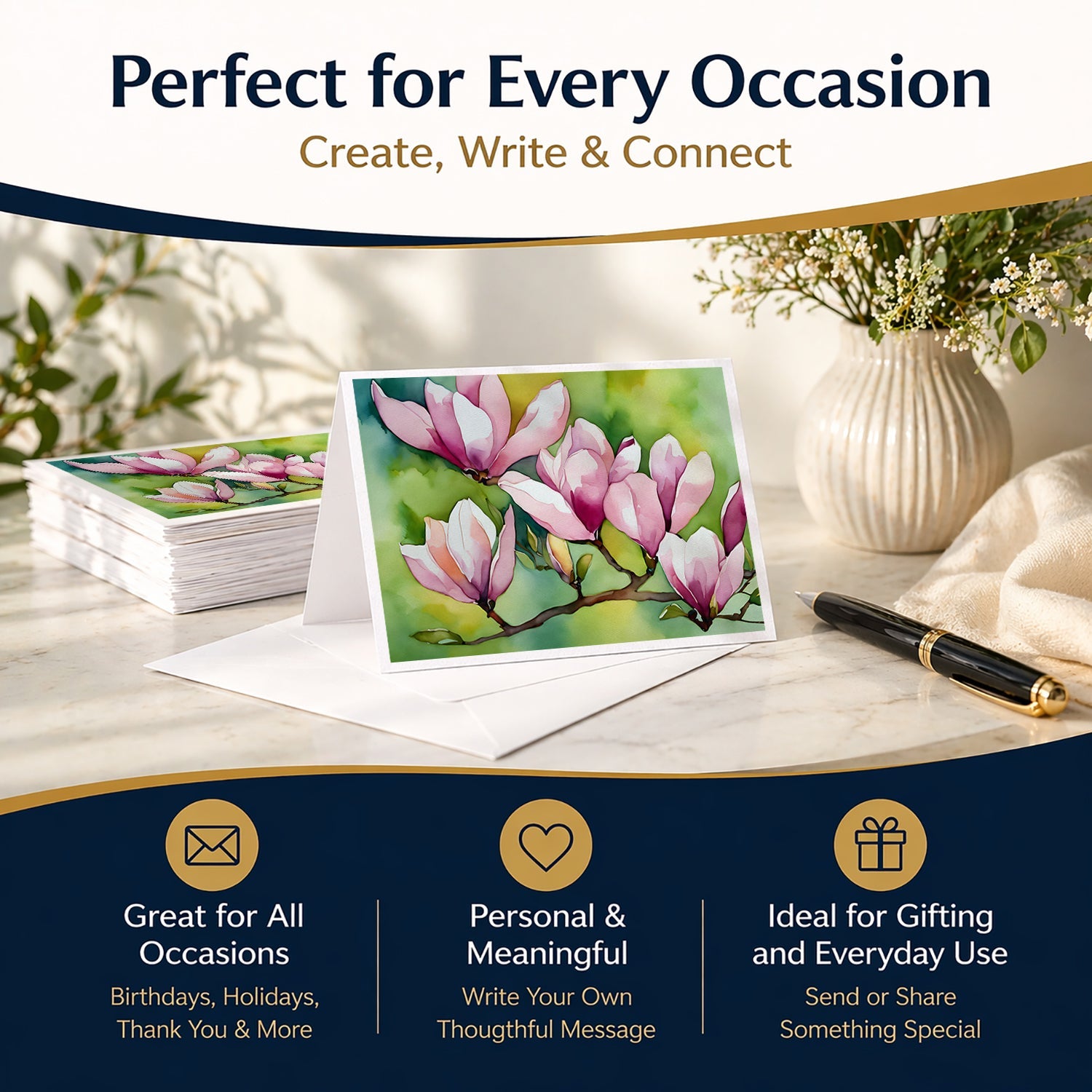 Mississippi Magnolia in Watercolor Greeting Cards Pack of 8 Blank Cards with Envelopes Whimsical A7 Size 5x7
