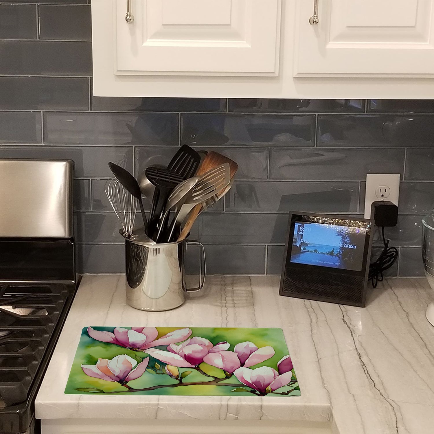 Mississippi Magnolia in Watercolor Cutting Board Tempered Glass Kitchen Cutting Surface, Heat Resistant Chopping, Non-Slip Feet, Food Prep & Serving
