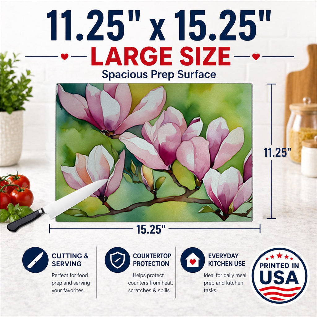 Mississippi Magnolia in Watercolor Cutting Board Tempered Glass Kitchen Cutting Surface, Heat Resistant Chopping, Non-Slip Feet, Food Prep & Serving