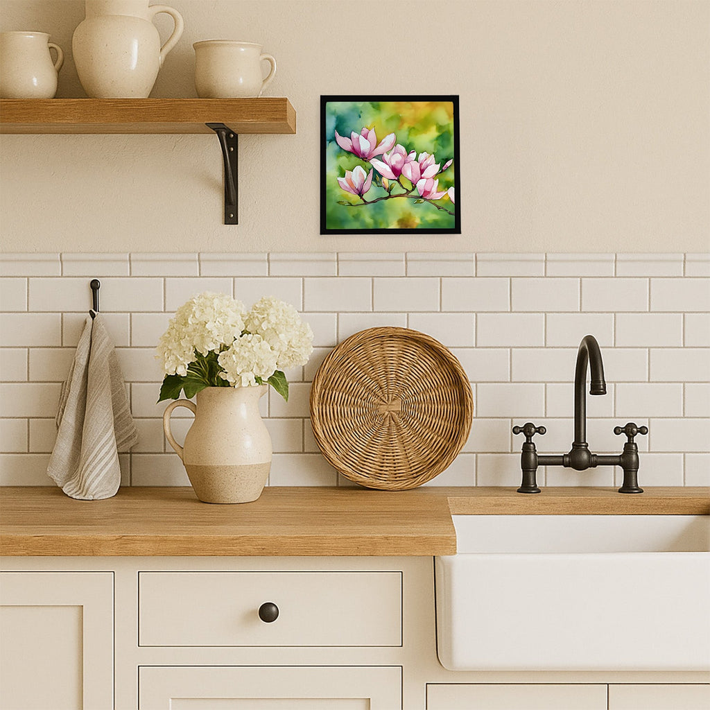 Mississippi Magnolia in Watercolor Framed Metal Print Bathroom, Kitchen, Office, Home Decor Wall Art Ready to Hang, Square, 8X8