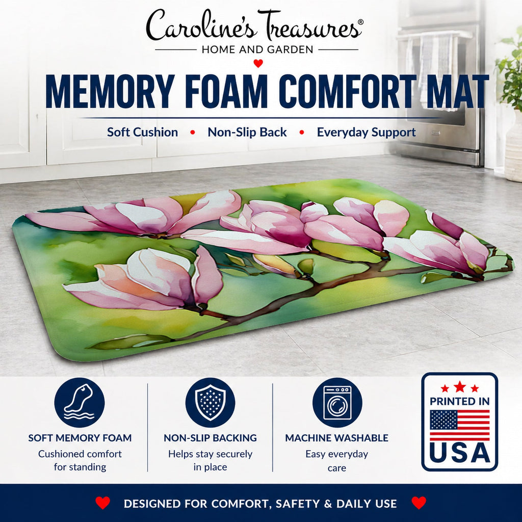 Mississippi Magnolia in Watercolor Memory Foam Kitchen Mat Machine Washable Anti-Fatigue Cushion Comfort Bath or Kitchen Rug