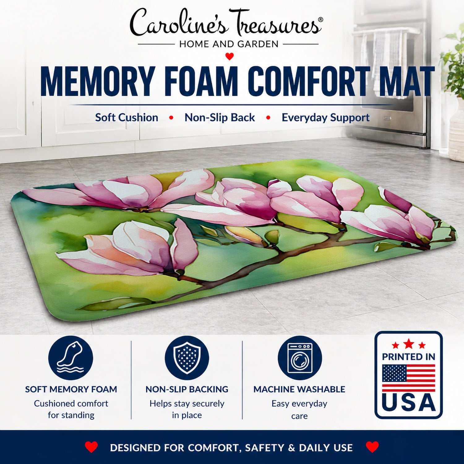 Mississippi Magnolia in Watercolor Memory Foam Kitchen Mat Machine Washable Anti-Fatigue Cushion Comfort Bath or Kitchen Rug