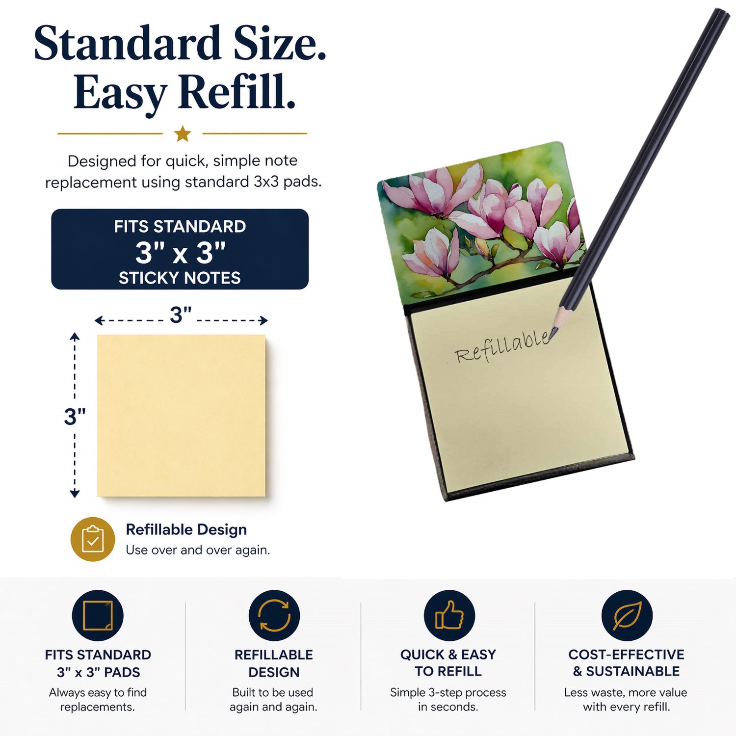 Mississippi Magnolia in Watercolor Watercolor Sticky Note Holder Refillable Dispenser Desk Accessory 3x3 Pad Gift