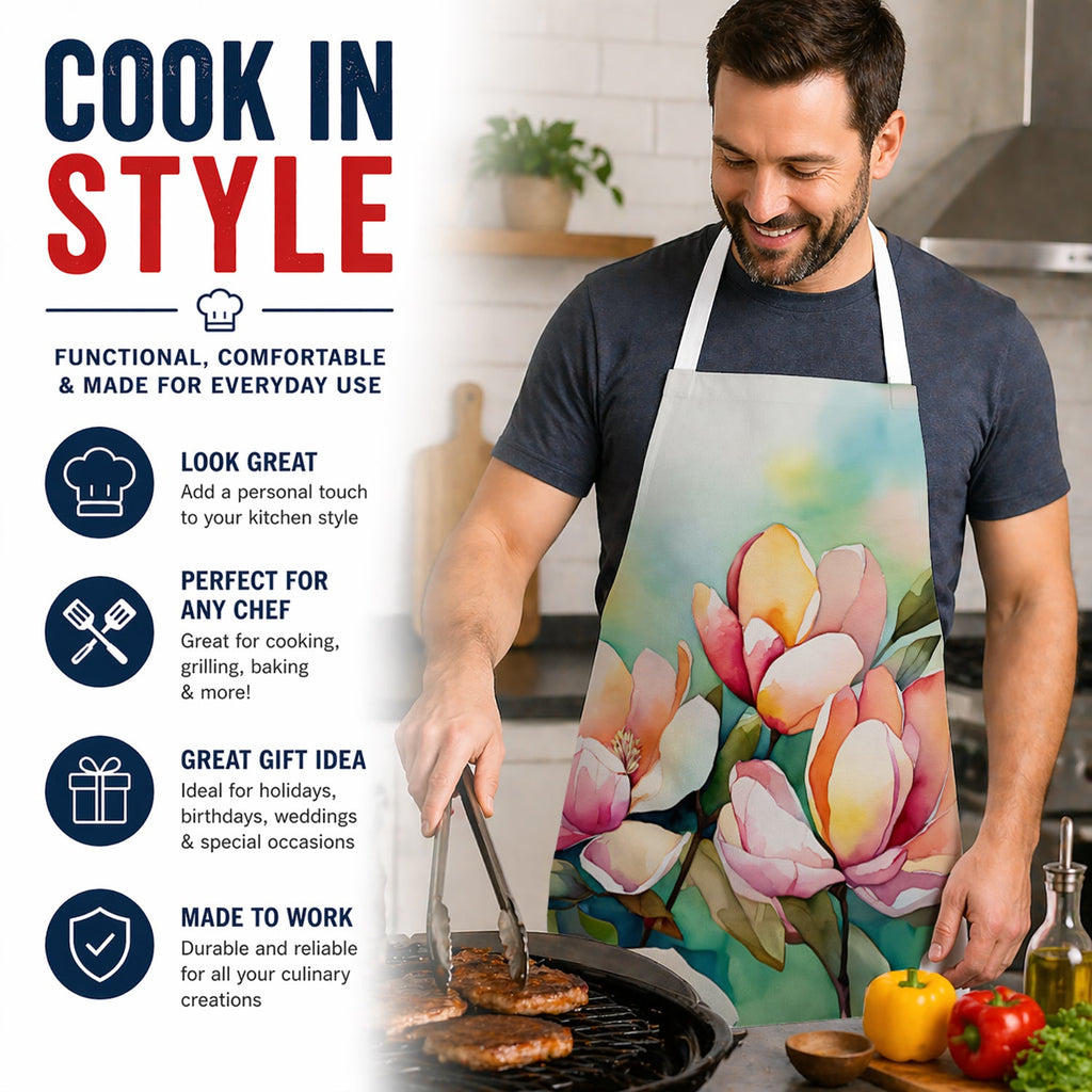 Mississippi Magnolia in Watercolor Apron Cooking Kitchen Server Baking Crafts Gardening for Adult Women Men, Unisex, Large, Multicolor