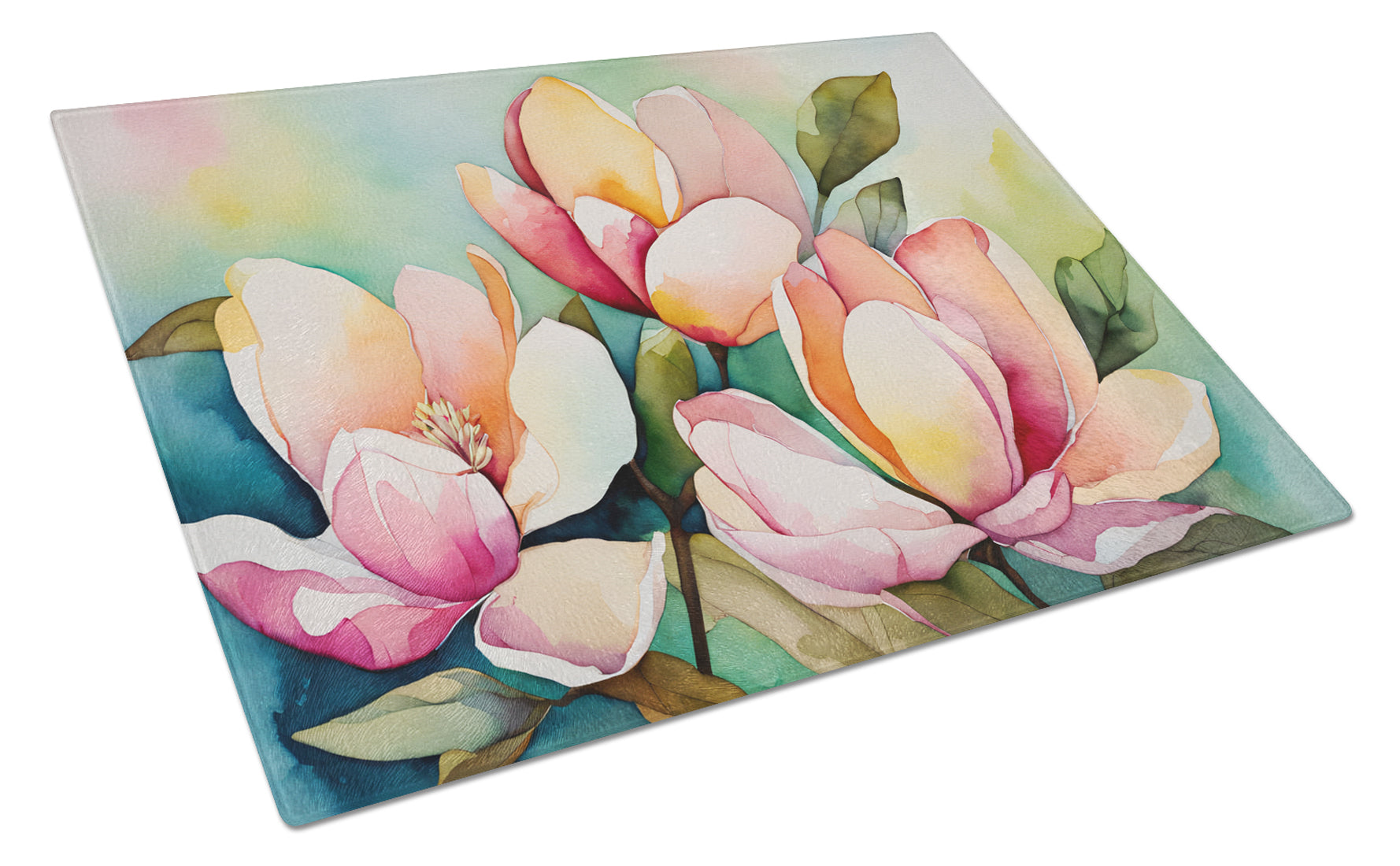 Mississippi Magnolia in Watercolor Cutting Board Tempered Glass Kitchen Cutting Surface, Heat Resistant Chopping, Non-Slip Feet, Food Prep & Serving