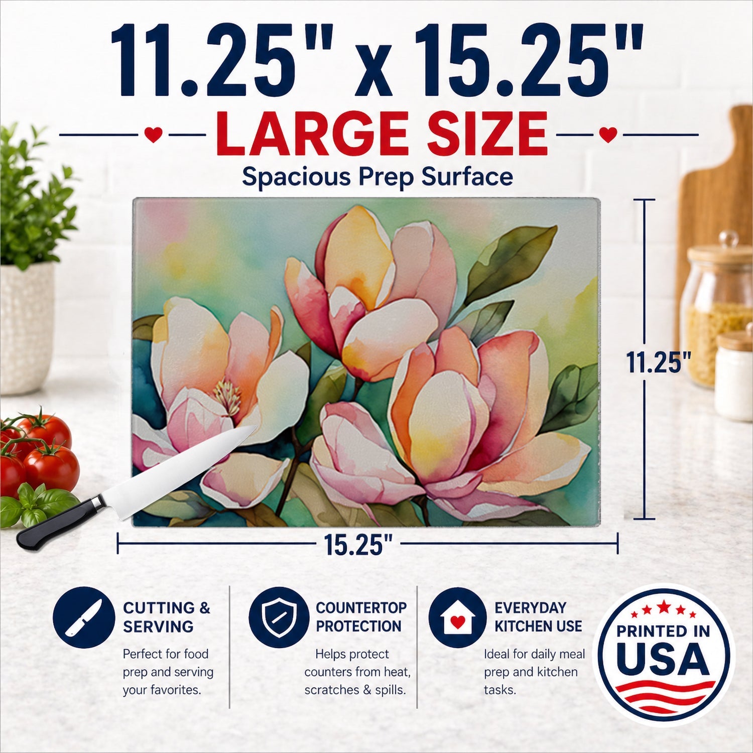 Mississippi Magnolia in Watercolor Cutting Board Tempered Glass Kitchen Cutting Surface, Heat Resistant Chopping, Non-Slip Feet, Food Prep & Serving