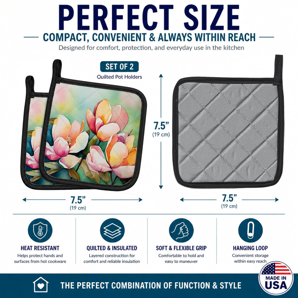 Mississippi Magnolia in Watercolor Pot Holder Set of 2 Heat Resistant Quilted Hot Pads 7.5 x 7.5 Inch, Insulated Kitchen Trivets for Cooking & Baking