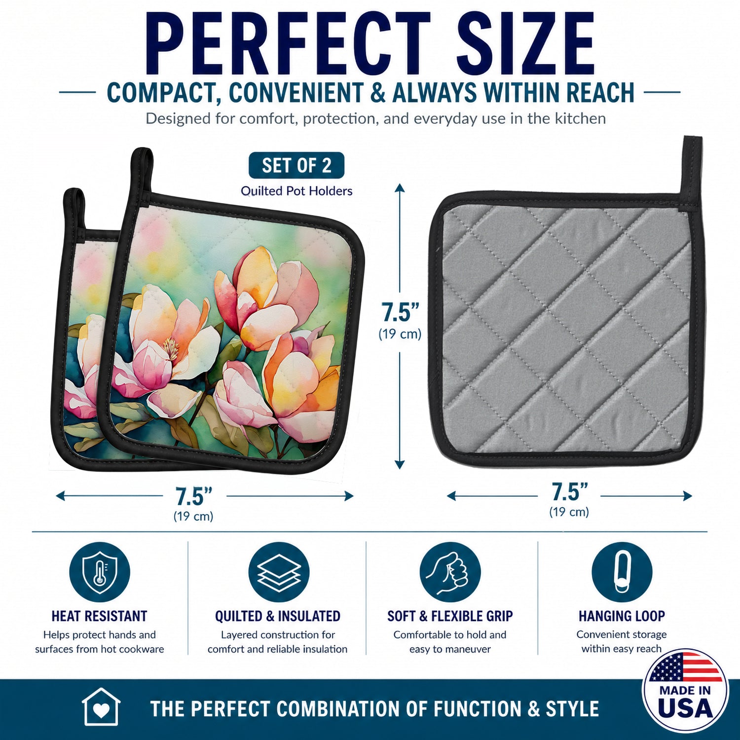 Mississippi Magnolia in Watercolor Pot Holder Set of 2 Heat Resistant Quilted Hot Pads 7.5 x 7.5 Inch, Insulated Kitchen Trivets for Cooking & Baking