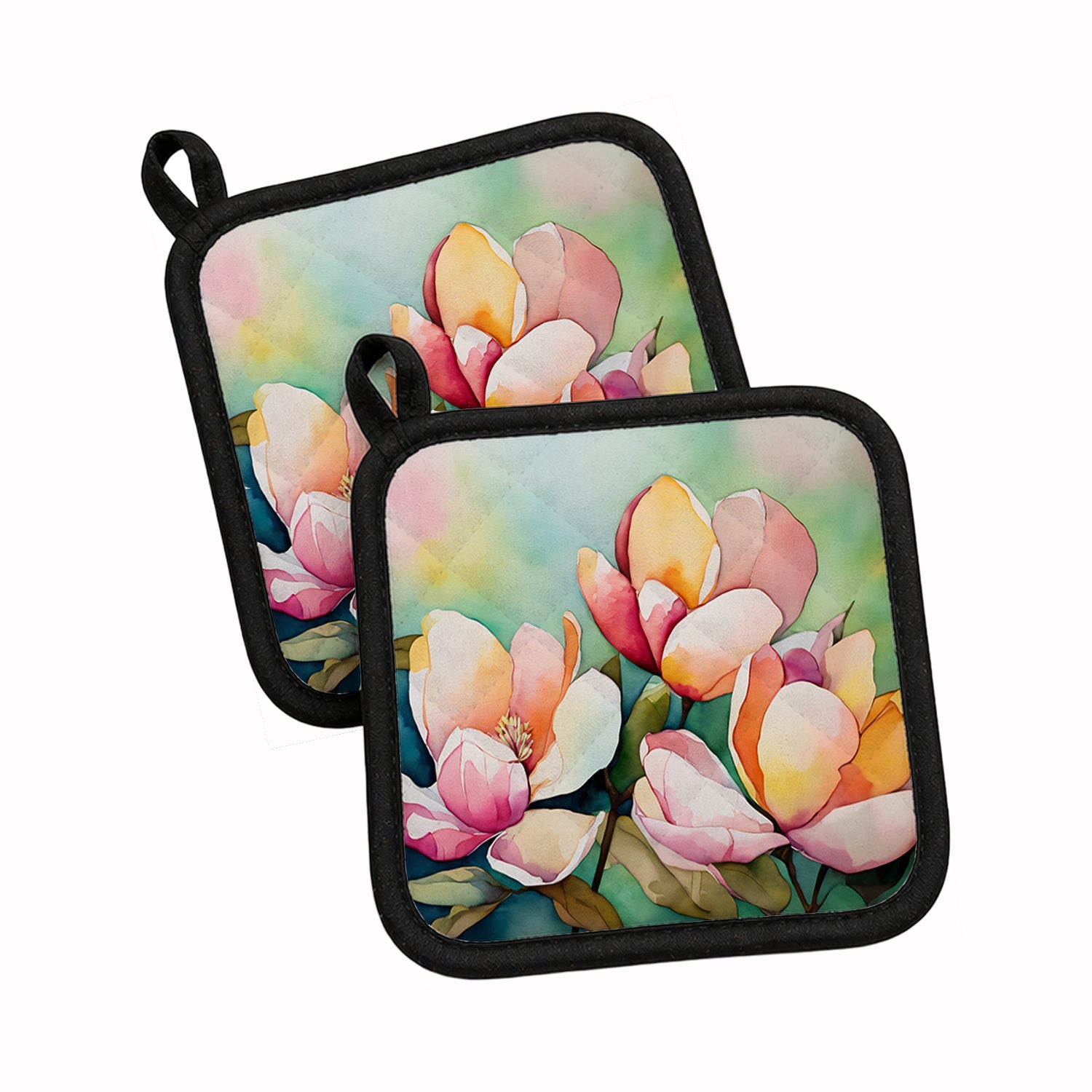 Mississippi Magnolia in Watercolor Pot Holder Set of 2 Heat Resistant Quilted Hot Pads 7.5 x 7.5 Inch, Insulated Kitchen Trivets for Cooking & Baking