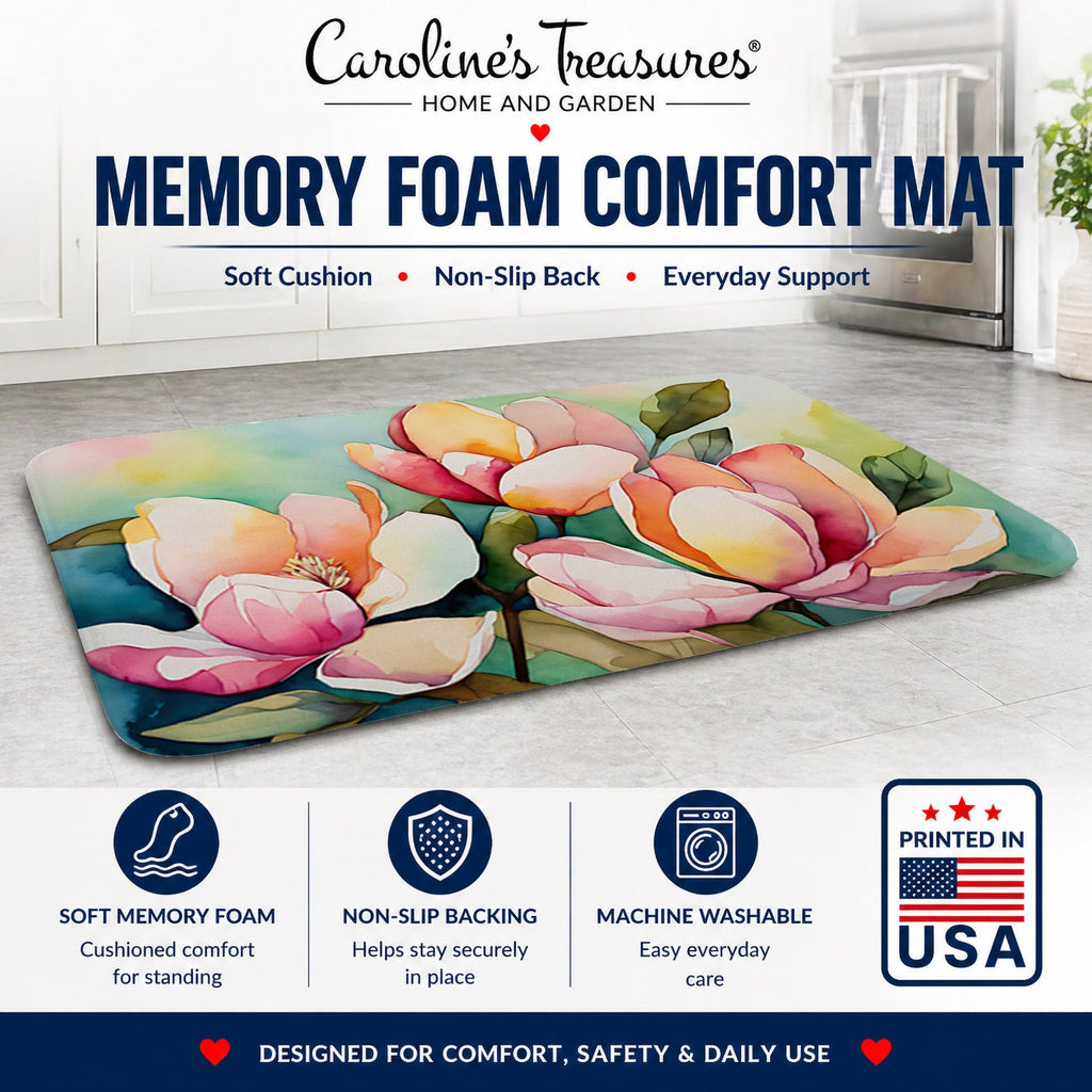 Mississippi Magnolia in Watercolor Memory Foam Kitchen Mat Machine Washable Anti-Fatigue Cushion Comfort Bath or Kitchen Rug
