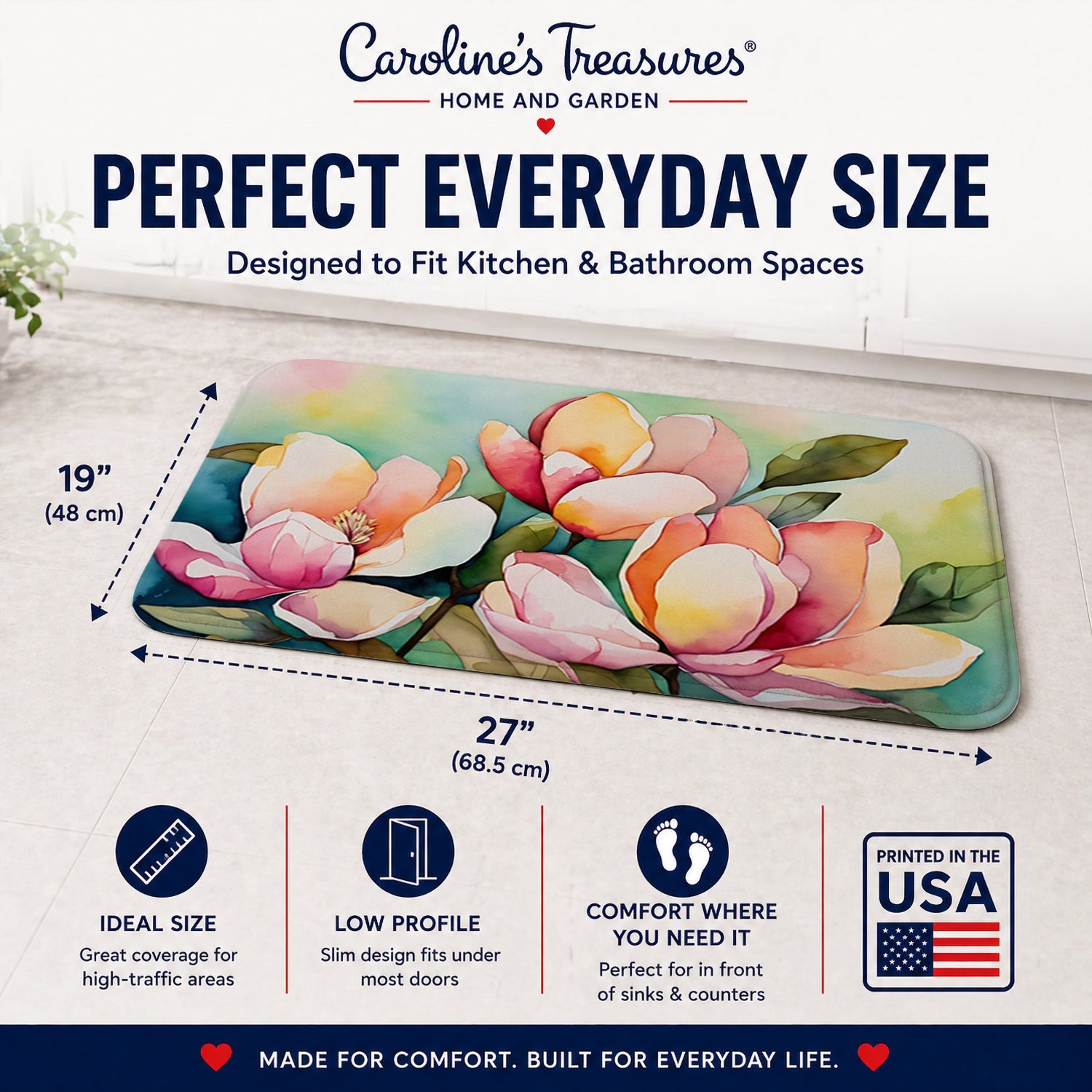 Mississippi Magnolia in Watercolor Memory Foam Kitchen Mat Machine Washable Anti-Fatigue Cushion Comfort Bath or Kitchen Rug