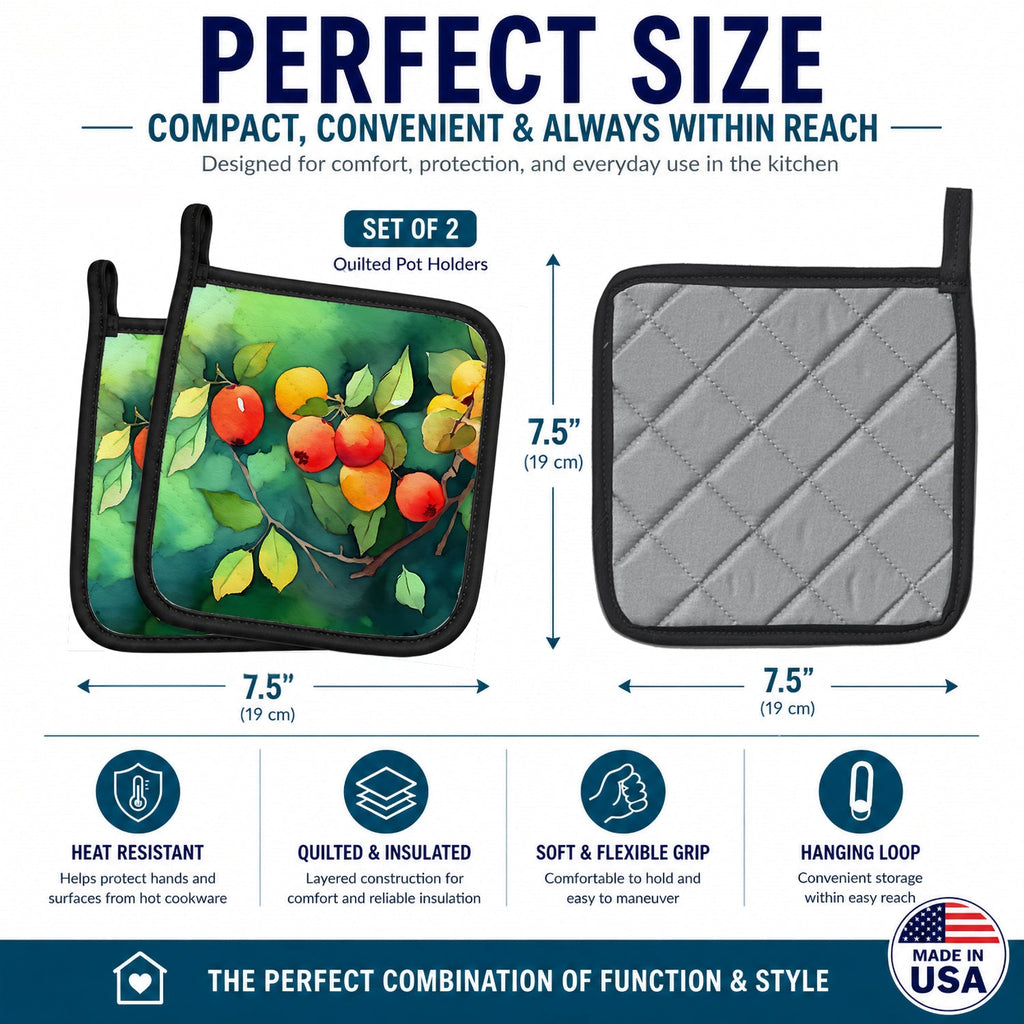 Missouri Hawthorns in Watercolor Pot Holder Set of 2 Heat Resistant Quilted Hot Pads 7.5 x 7.5 Inch, Insulated Kitchen Trivets for Cooking & Baking