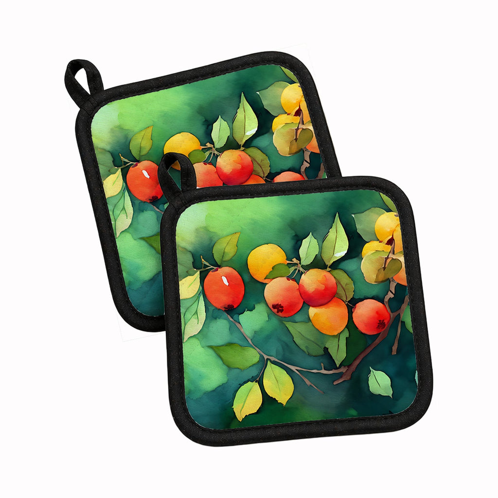 Missouri Hawthorns in Watercolor Pot Holder Set of 2 Heat Resistant Quilted Hot Pads 7.5 x 7.5 Inch, Insulated Kitchen Trivets for Cooking & Baking