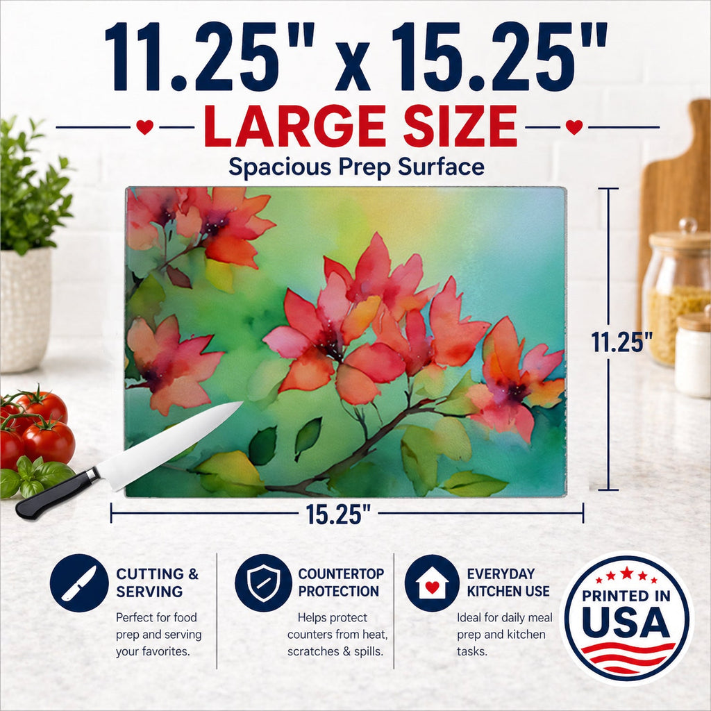 Missouri Hawthorns in Watercolor Cutting Board Tempered Glass Kitchen Cutting Surface, Heat Resistant Chopping, Non-Slip Feet, Food Prep & Serving