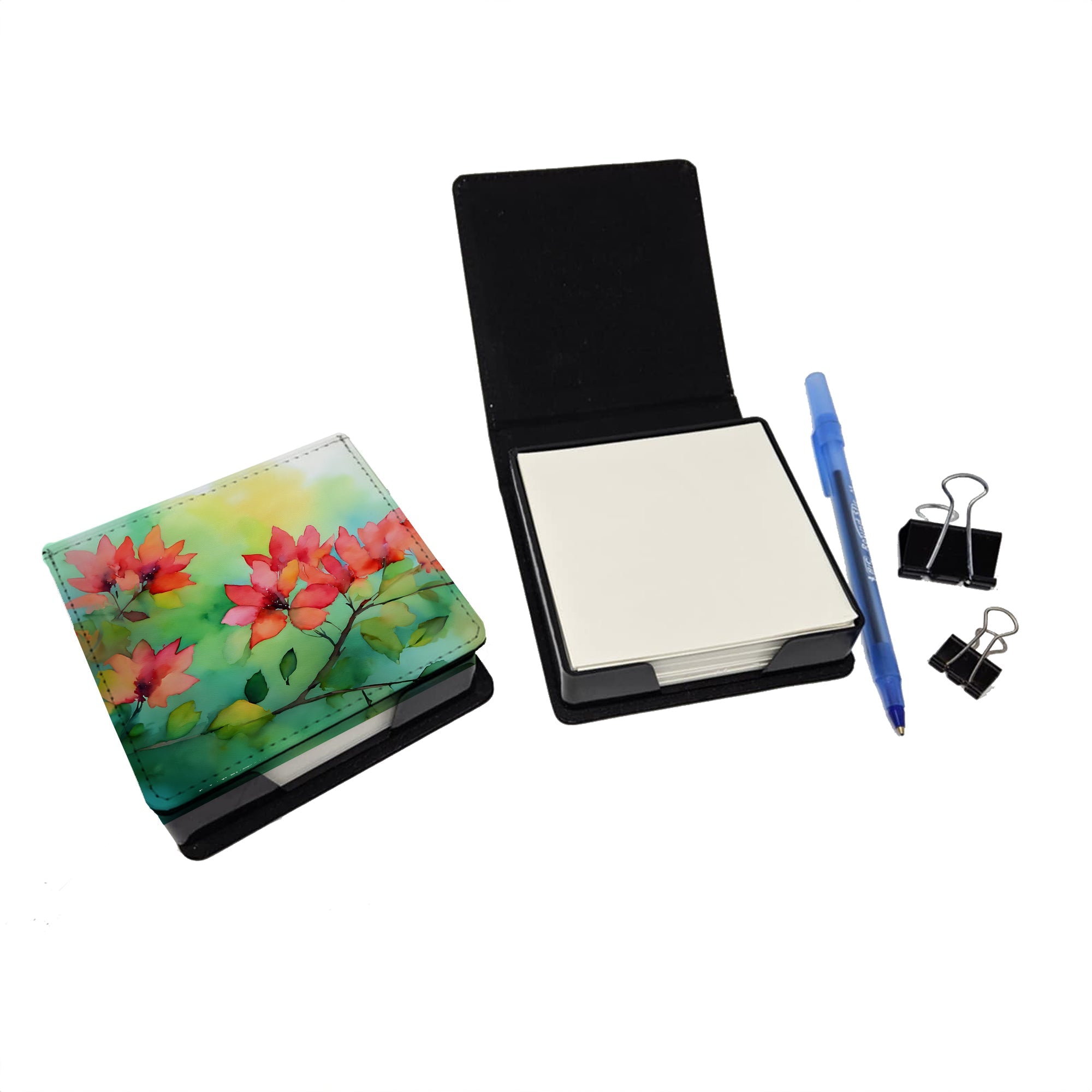 Missouri Hawthorns in Watercolor PU Leather Note Paper Holder with Artist-Designed Cover, Desk Accessory, Office Gift