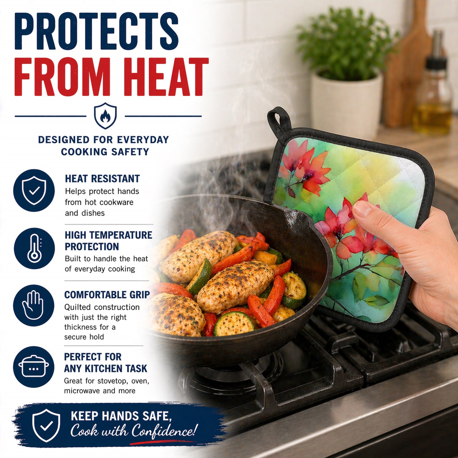 Missouri Hawthorns in Watercolor Pot Holder Set of 2 Heat Resistant Quilted Hot Pads 7.5 x 7.5 Inch, Insulated Kitchen Trivets for Cooking & Baking