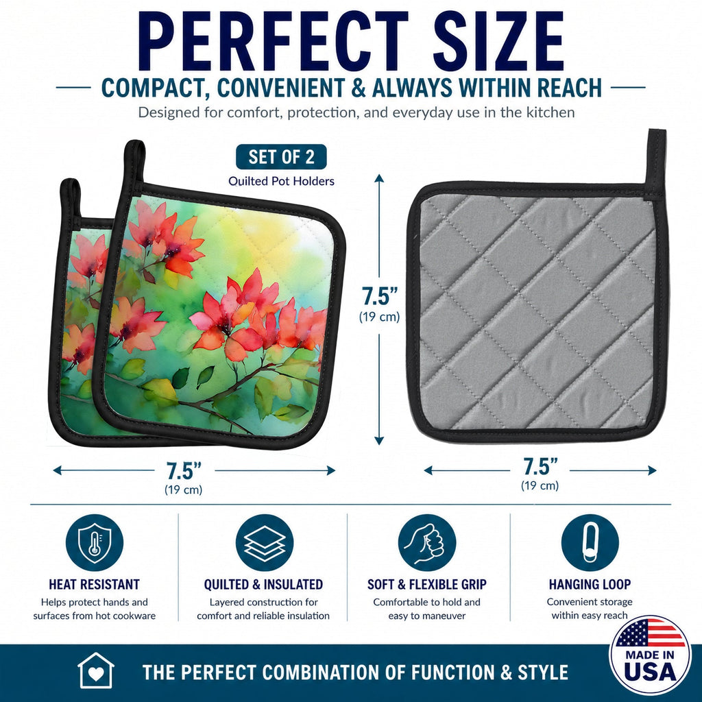 Missouri Hawthorns in Watercolor Pot Holder Set of 2 Heat Resistant Quilted Hot Pads 7.5 x 7.5 Inch, Insulated Kitchen Trivets for Cooking & Baking