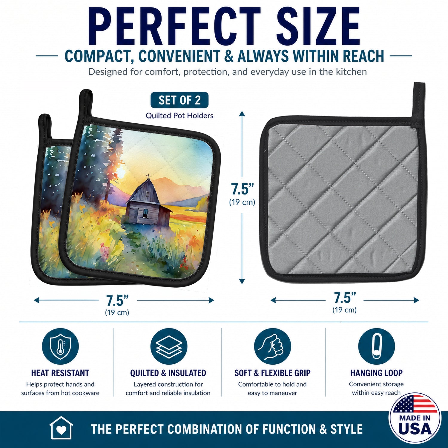 Montana Bitterroot in Watercolor Pot Holder Set of 2 Heat Resistant Quilted Hot Pads 7.5 x 7.5 Inch, Insulated Kitchen Trivets for Cooking & Baking