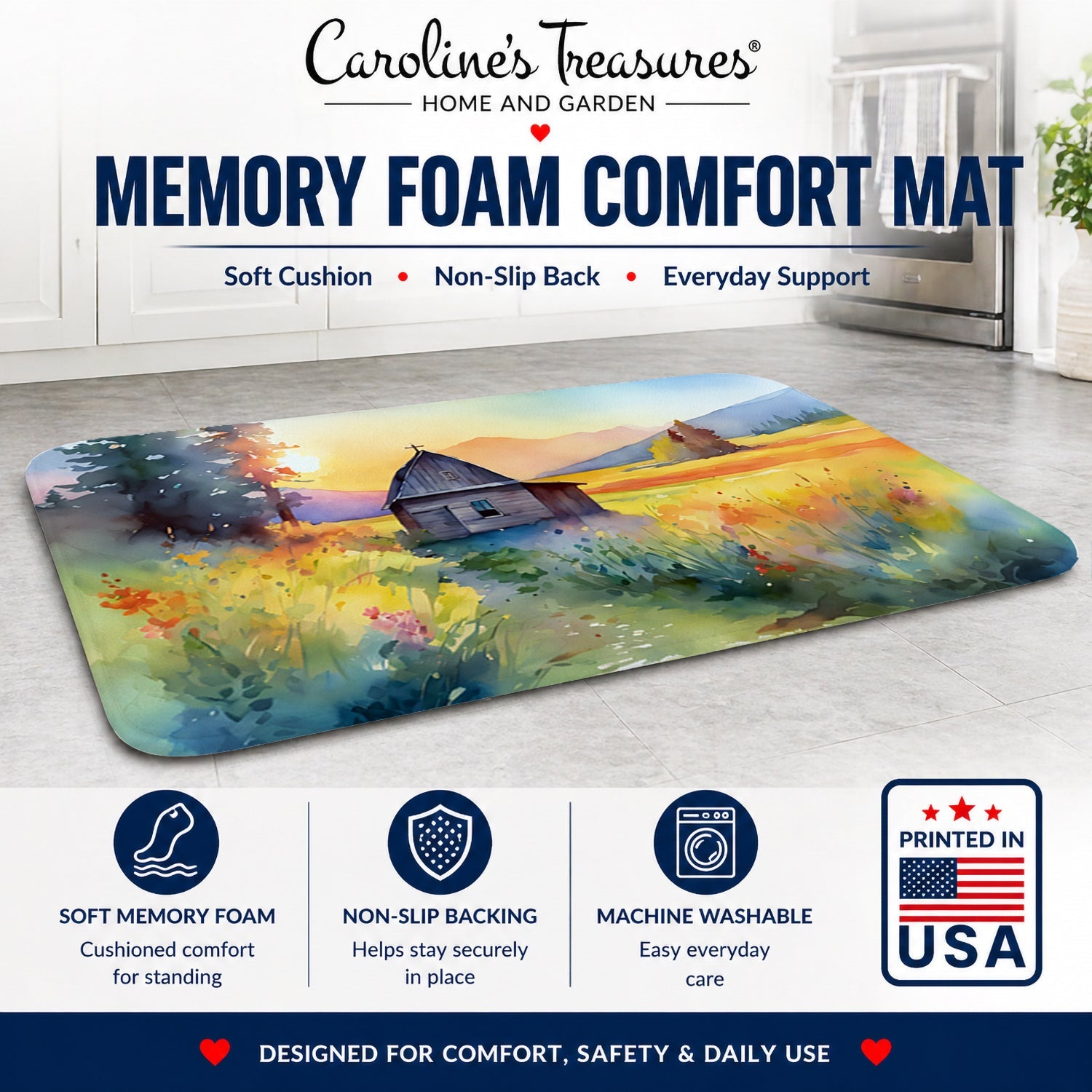 Montana Bitterroot in Watercolor Memory Foam Kitchen Mat Machine Washable Anti-Fatigue Cushion Comfort Bath or Kitchen Rug