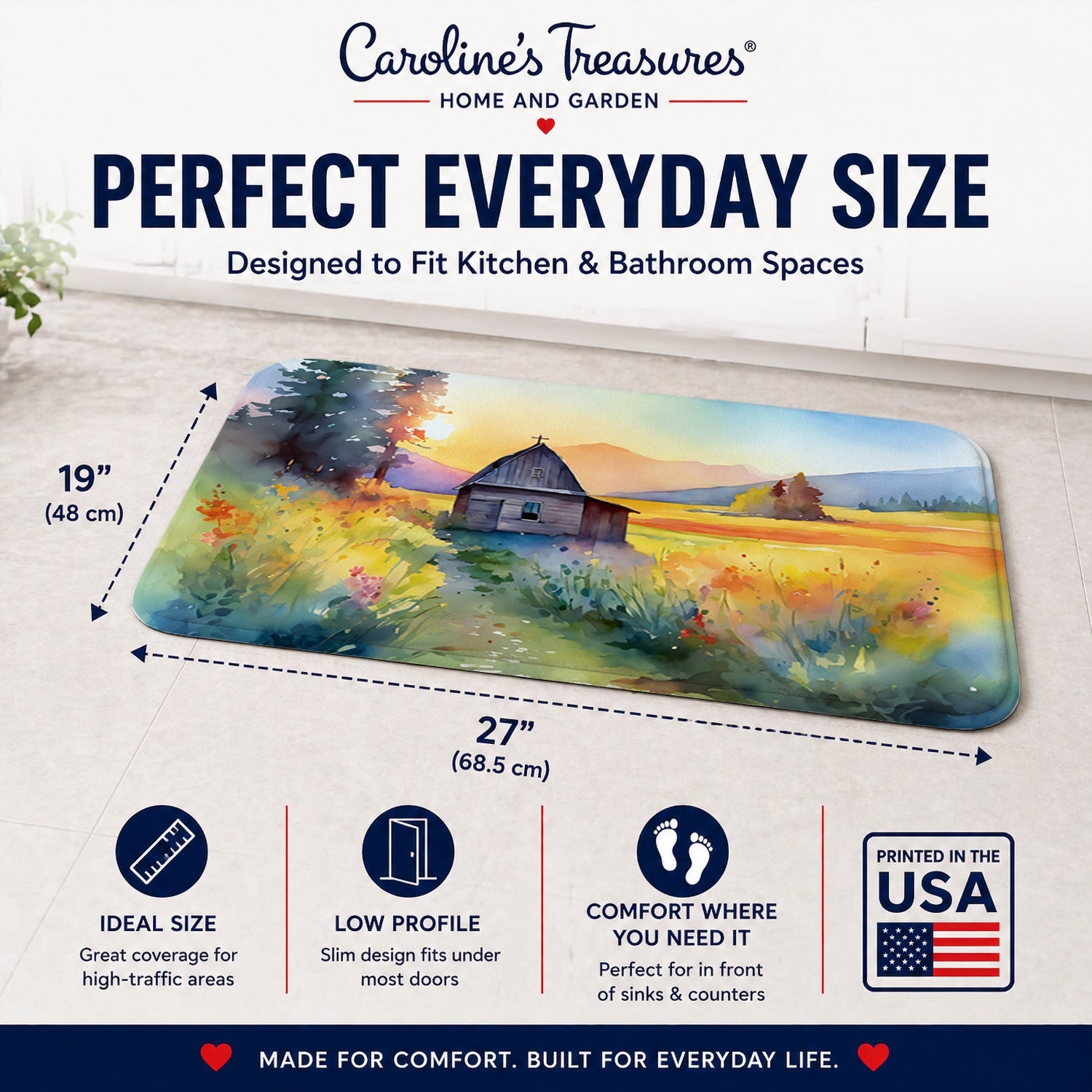 Montana Bitterroot in Watercolor Memory Foam Kitchen Mat Machine Washable Anti-Fatigue Cushion Comfort Bath or Kitchen Rug
