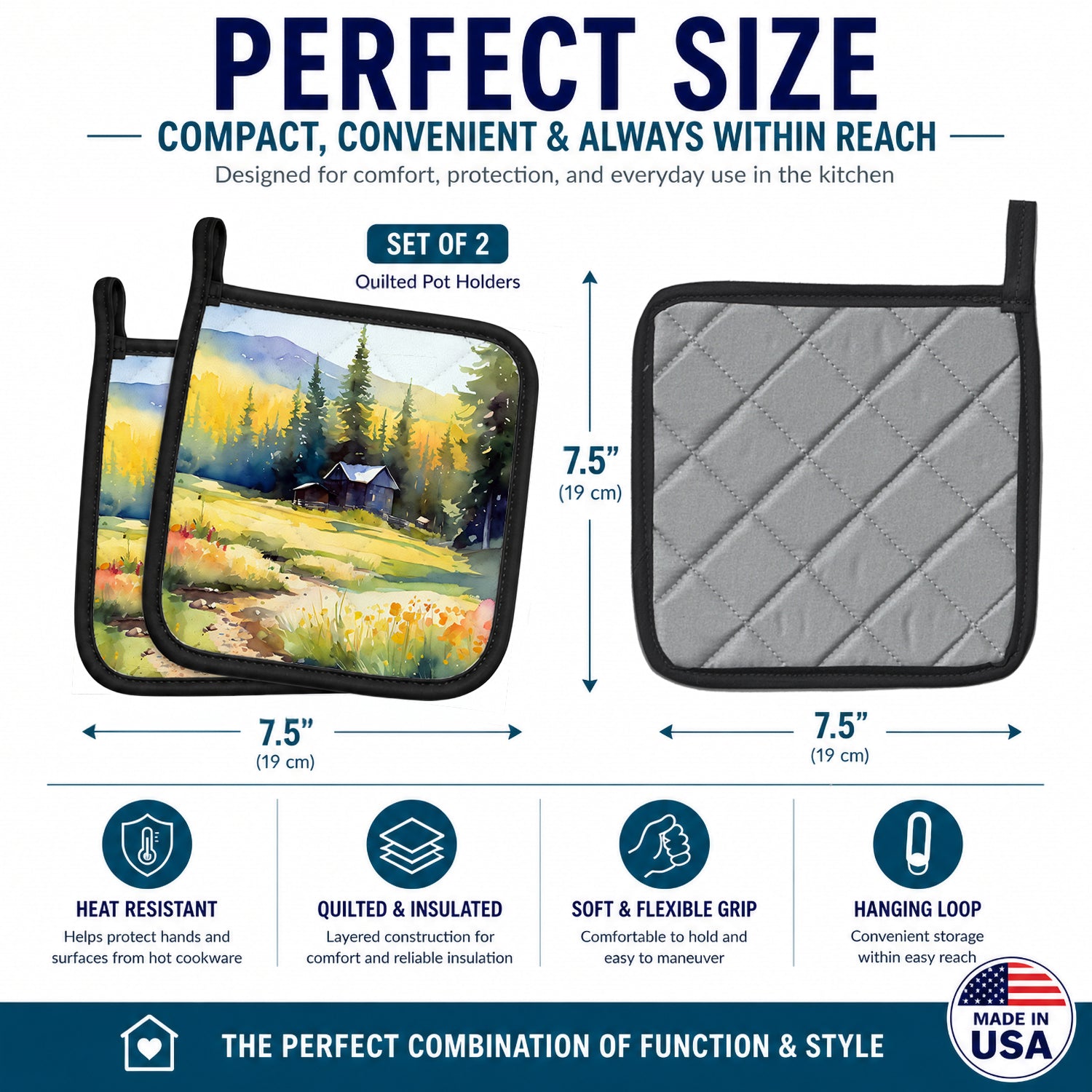 Montana Bitterroot in Watercolor Pot Holder Set of 2 Heat Resistant Quilted Hot Pads 7.5 x 7.5 Inch, Insulated Kitchen Trivets for Cooking & Baking