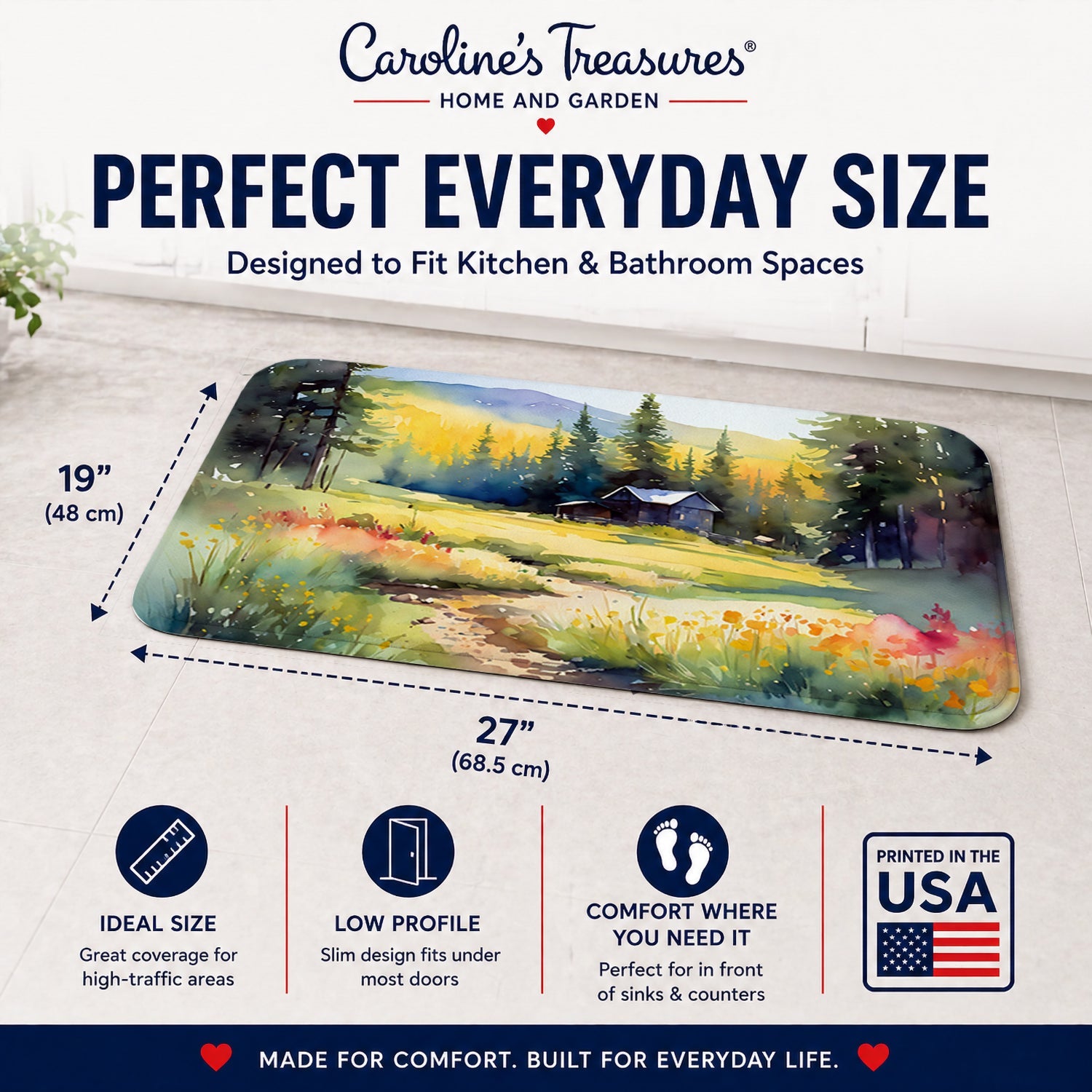 Montana Bitterroot in Watercolor Memory Foam Kitchen Mat Machine Washable Anti-Fatigue Cushion Comfort Bath or Kitchen Rug