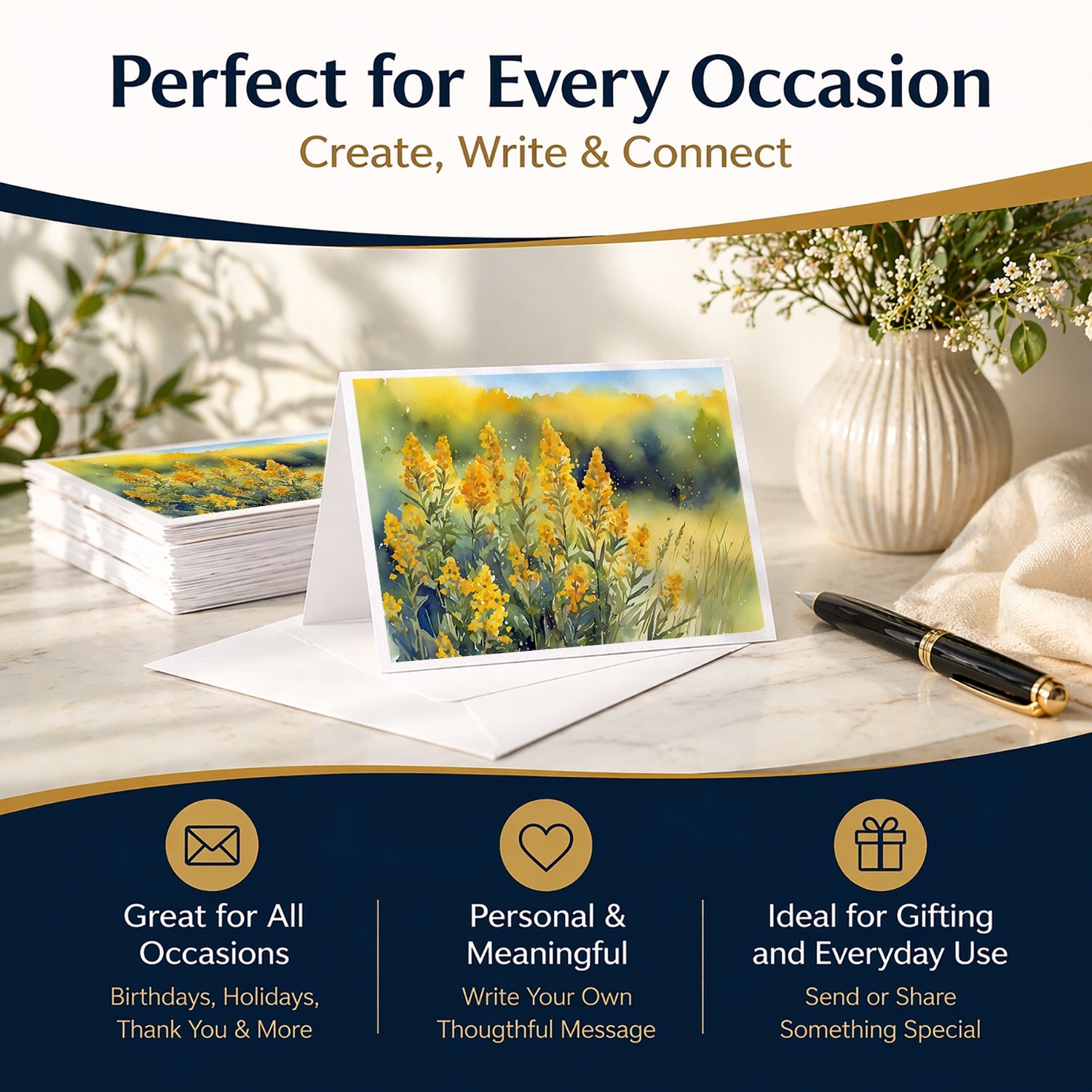 Nebraska Goldenrod in Watercolor Greeting Cards Pack of 8 Blank Cards with Envelopes Whimsical A7 Size 5x7