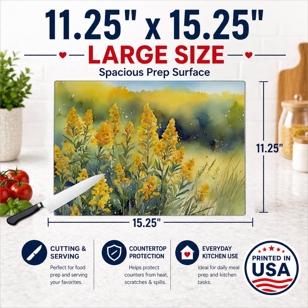 Nebraska Goldenrod in Watercolor Cutting Board Tempered Glass Kitchen Cutting Surface, Heat Resistant Chopping, Non-Slip Feet, Food Prep & Serving