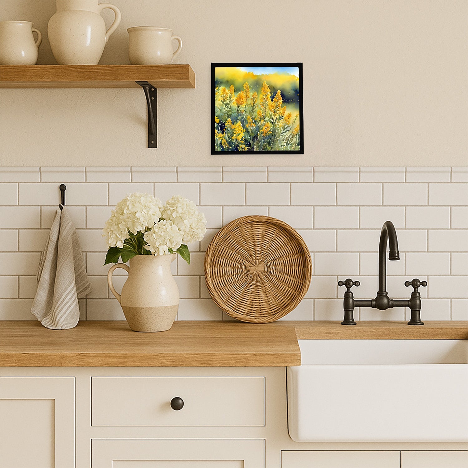 Nebraska Goldenrod in Watercolor Framed Metal Print Bathroom, Kitchen, Office, Home Decor Wall Art Ready to Hang, Square, 8X8