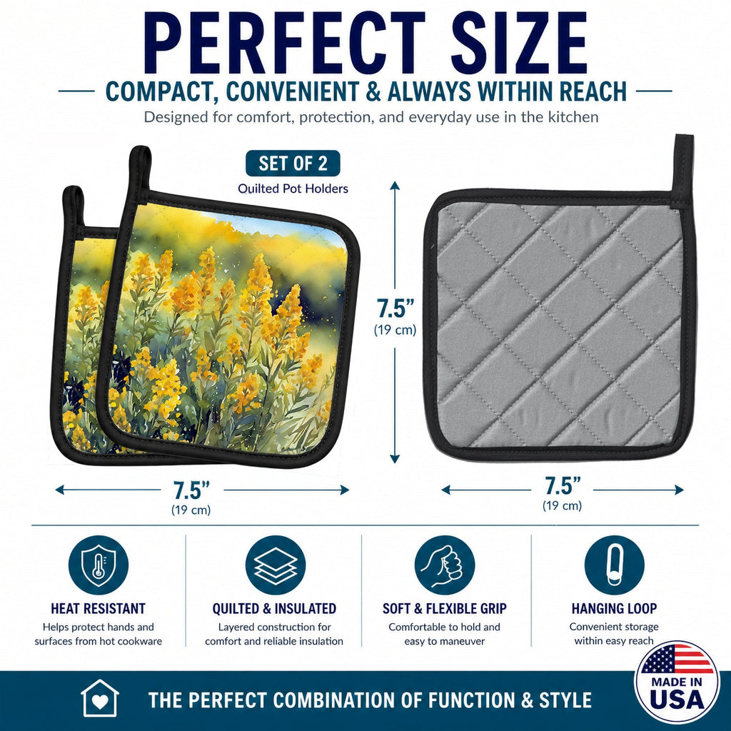 Nebraska Goldenrod in Watercolor Pot Holder Set of 2 Heat Resistant Quilted Hot Pads 7.5 x 7.5 Inch, Insulated Kitchen Trivets for Cooking & Baking