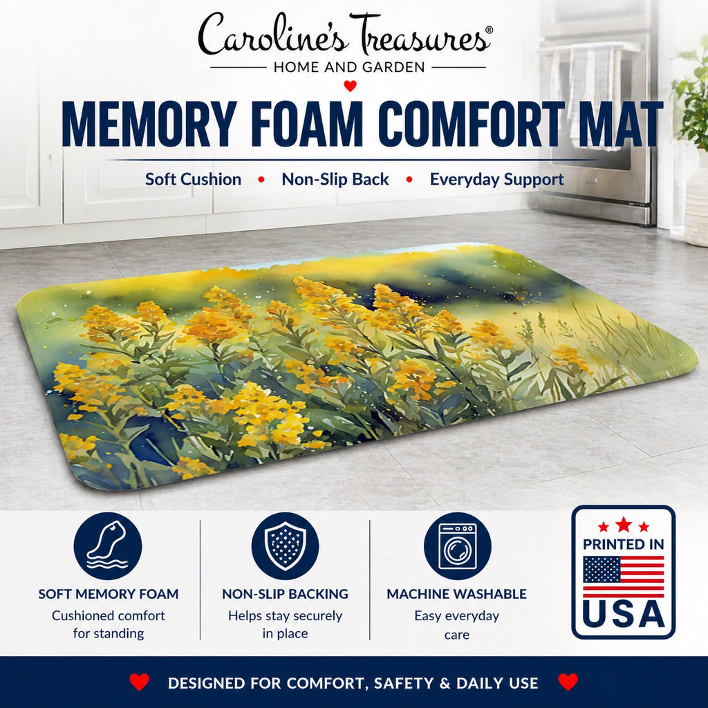 Nebraska Goldenrod in Watercolor Memory Foam Kitchen Mat Machine Washable Anti-Fatigue Cushion Comfort Bath or Kitchen Rug